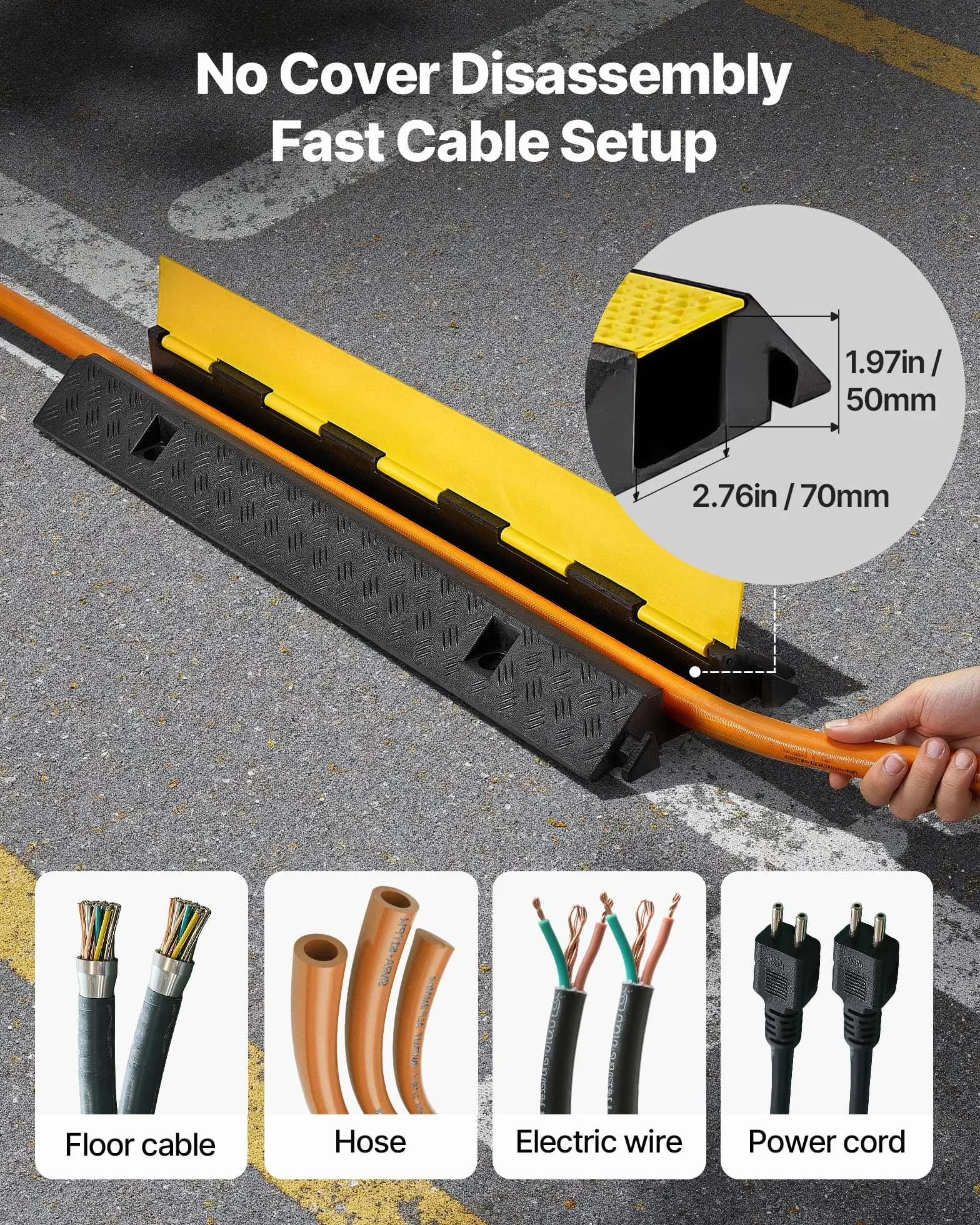 VEVOR Rampa di Protezione per Cavi, Capacità di 9979 kg/Asse, 1 Canale di Copertura per Tubo Flessibile in Gomma 70 x 50 mm, Dosso Rallentatore con Coperchio Superiore Apribile, 1 Confezione