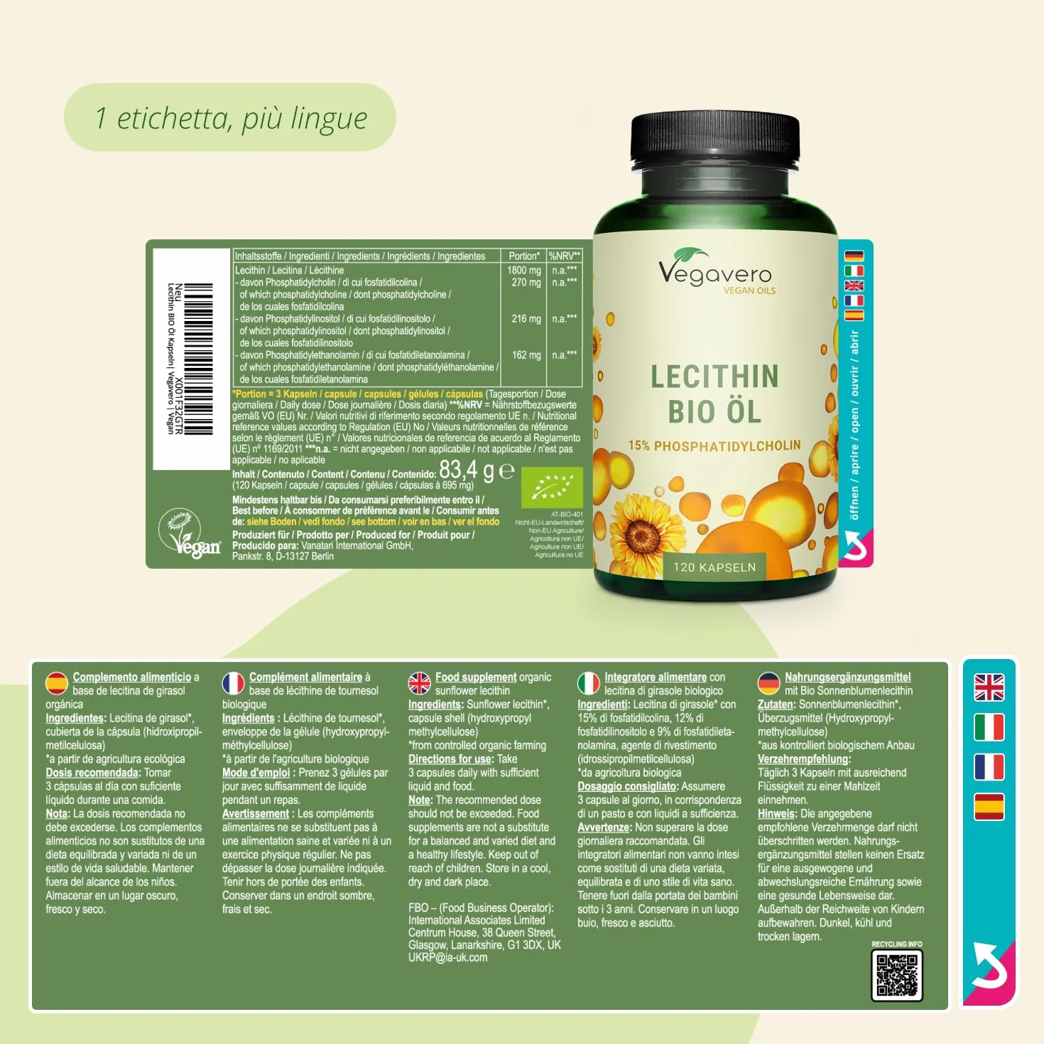 Vegavero® 1800 mg Pura Lecitina di Girasole 120 Capsule Vegan