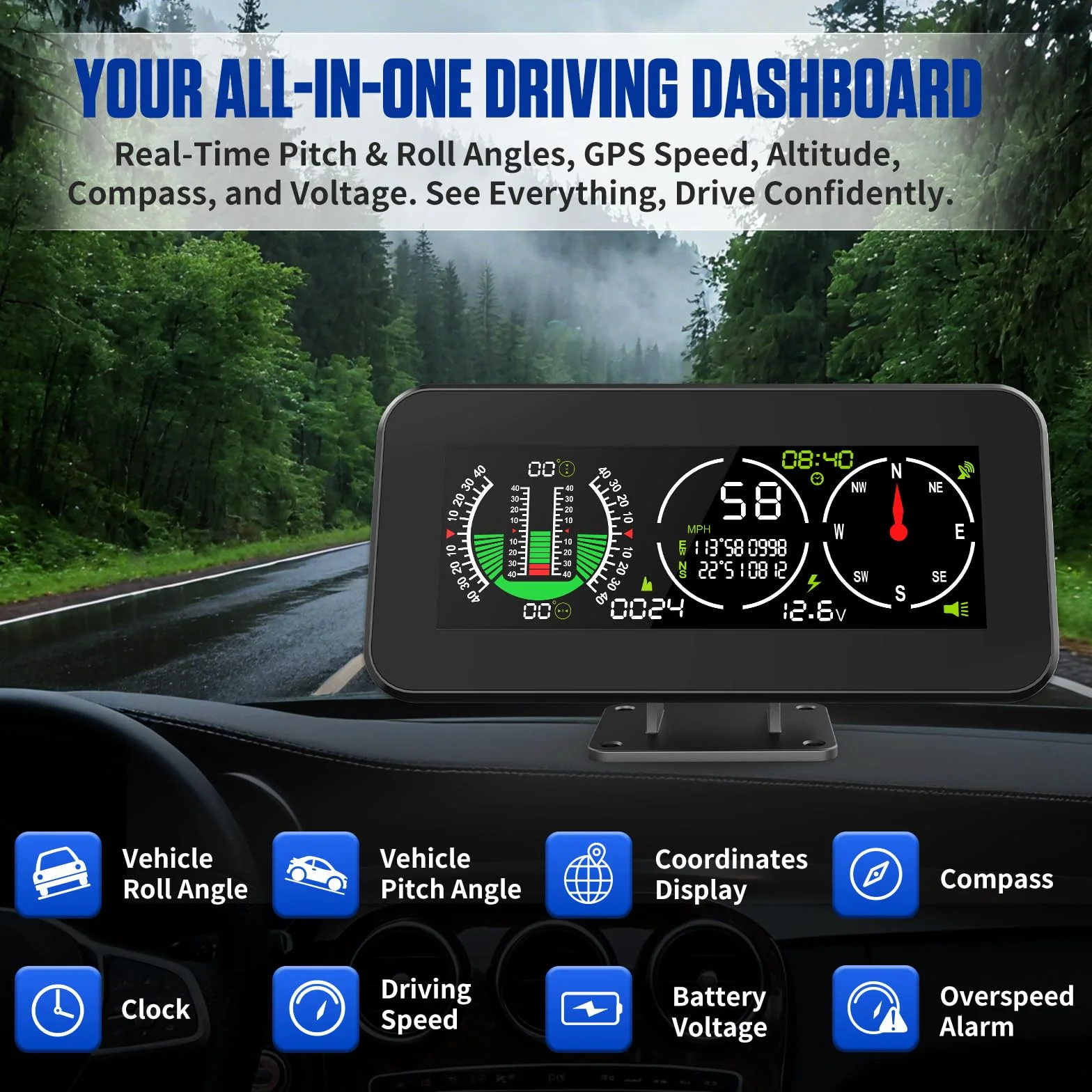 BELEY Inclinometro Digitale per Auto con GPS, Velocità in Tempo Reale, Bussola LCD HD