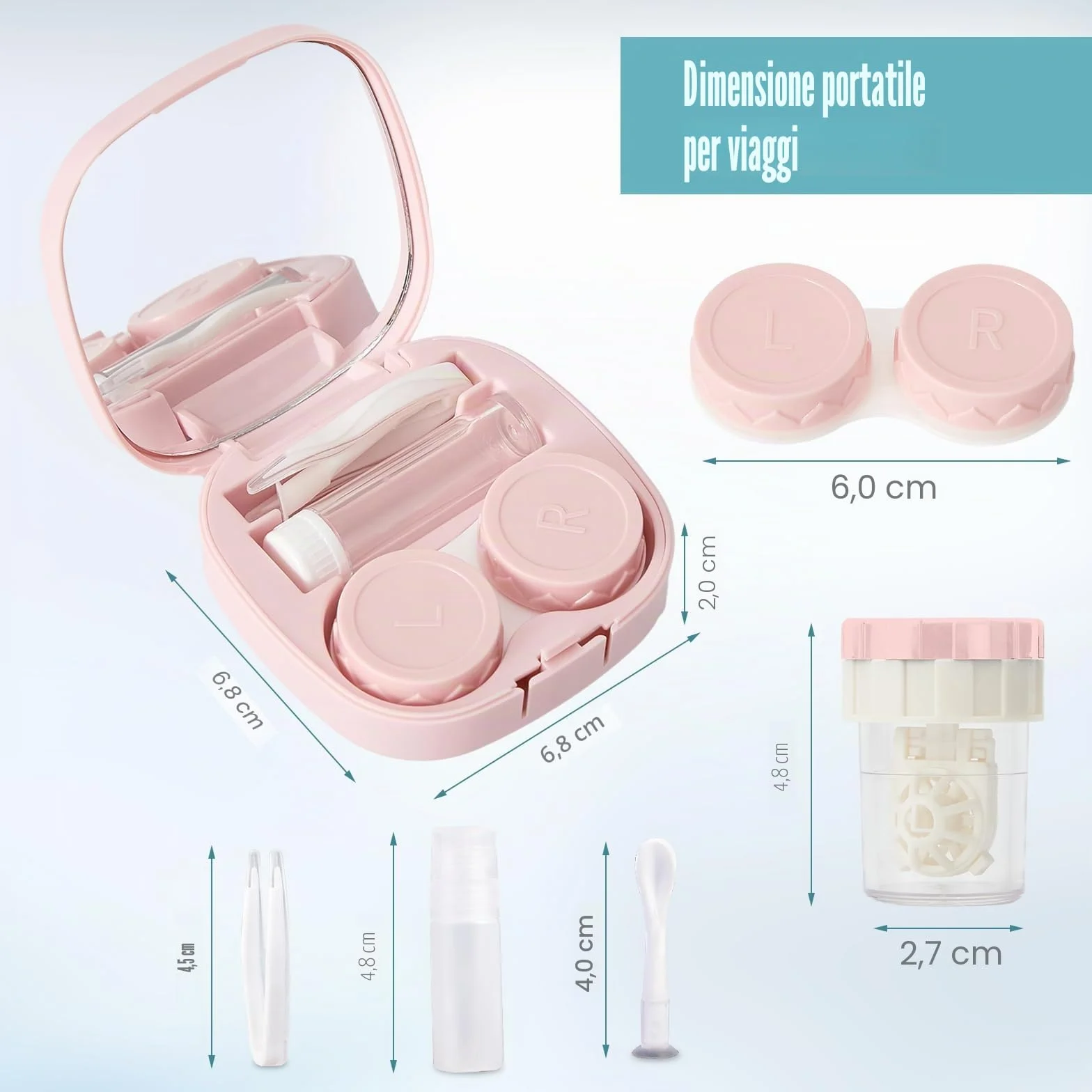 Kit da viaggio per lenti a contatto con pulitore, custodia portatile con specchio, pinzetta, strumento di rimozione, flacone per soluzione