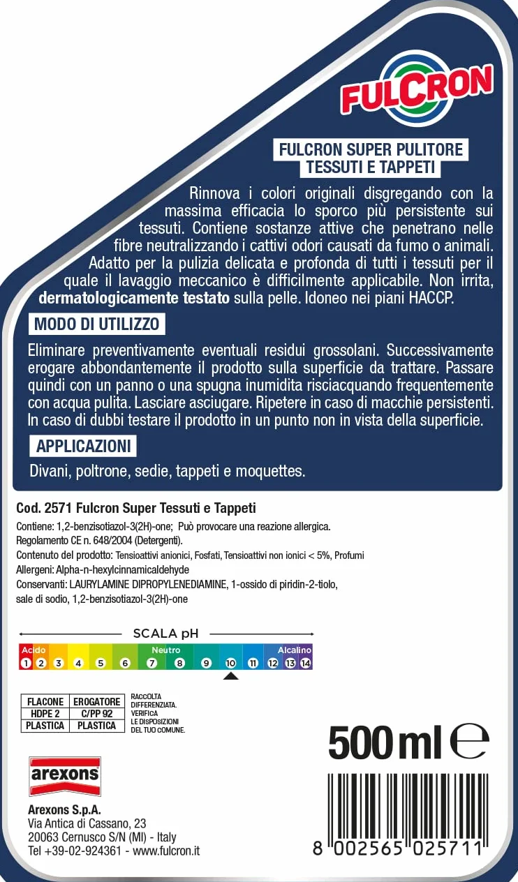 FULCRON Super Pulitore Tessuti e Tappeti 500 ml, Detergente con Formula Antiodore