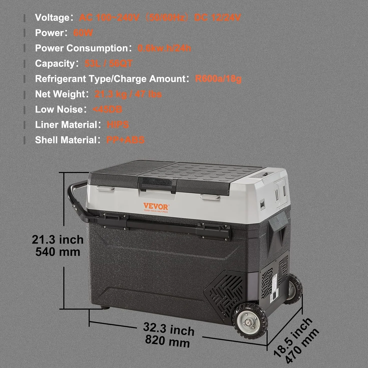 VEVOR Frigo Portatile per Auto, 53 Litri Frigorifero Compressore Congelatore Elettrico CC e CA per Campeggio con Manico Telescopico e Ruote 0,6kW.h da -20°C a 10°C Regolabile per Auto Camion Barca