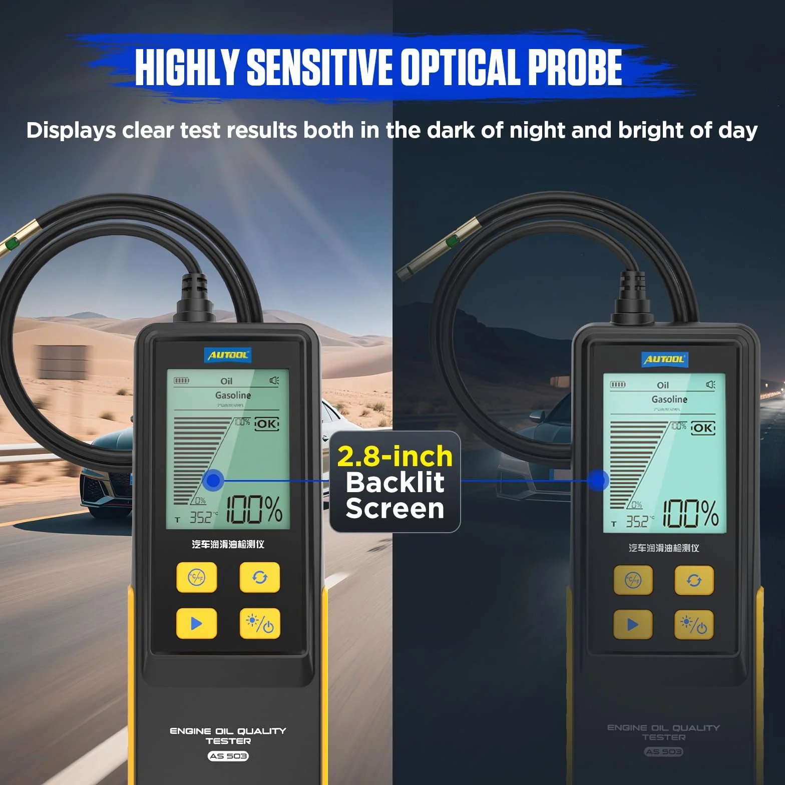 AUTOOL Tester per Olio Motore, Kit per la Qualità dell'olio Motore a Benzina e Diesel, Test Rapido di Trasmittanza e Temperatura, Engine Oil Tester con Sonda Flessibile da 31,5 Pollici (AS503)