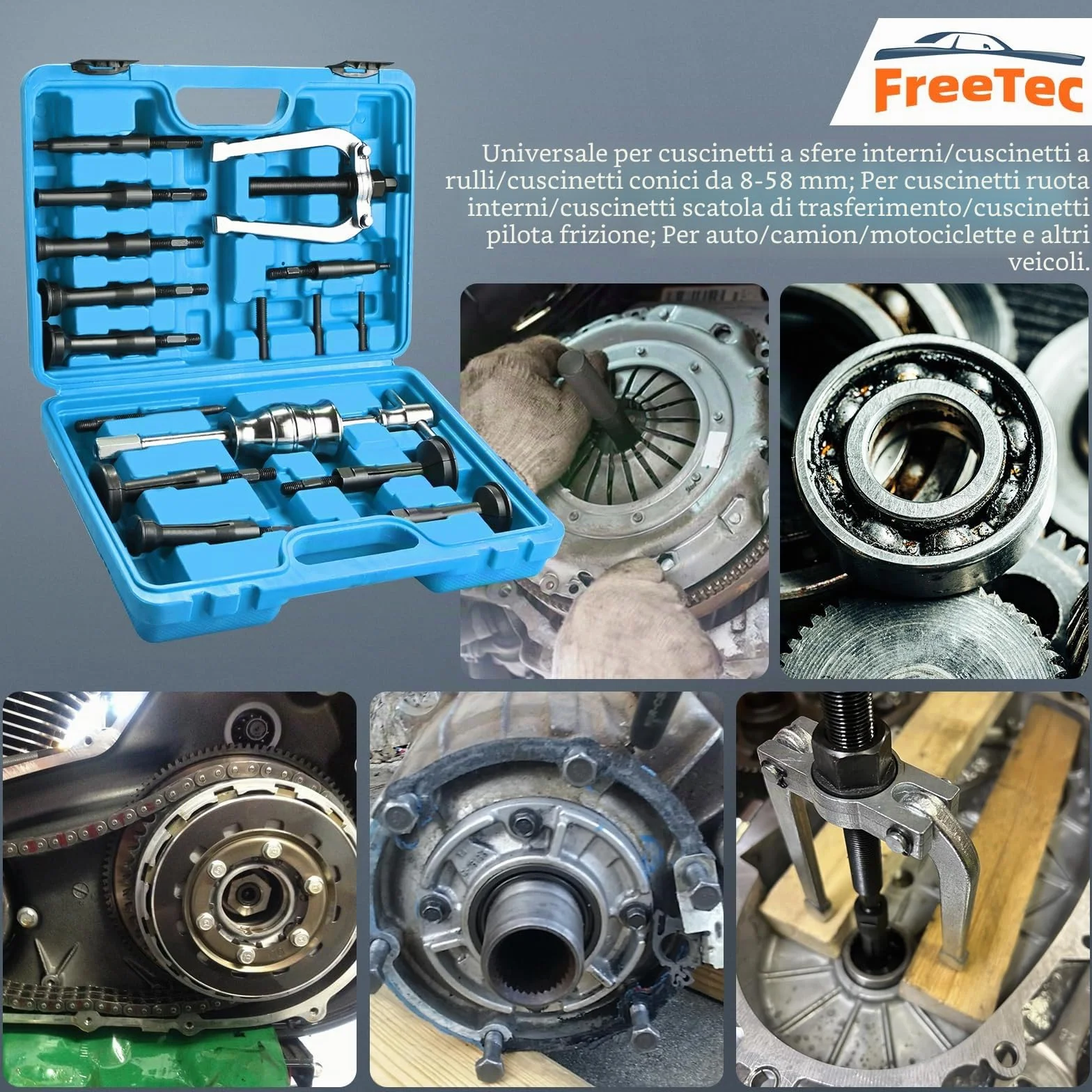 FreeTec 16pz Kit Estrattore Cuscinetti Interni 8-58mm con Martello per Auto Camion Moto