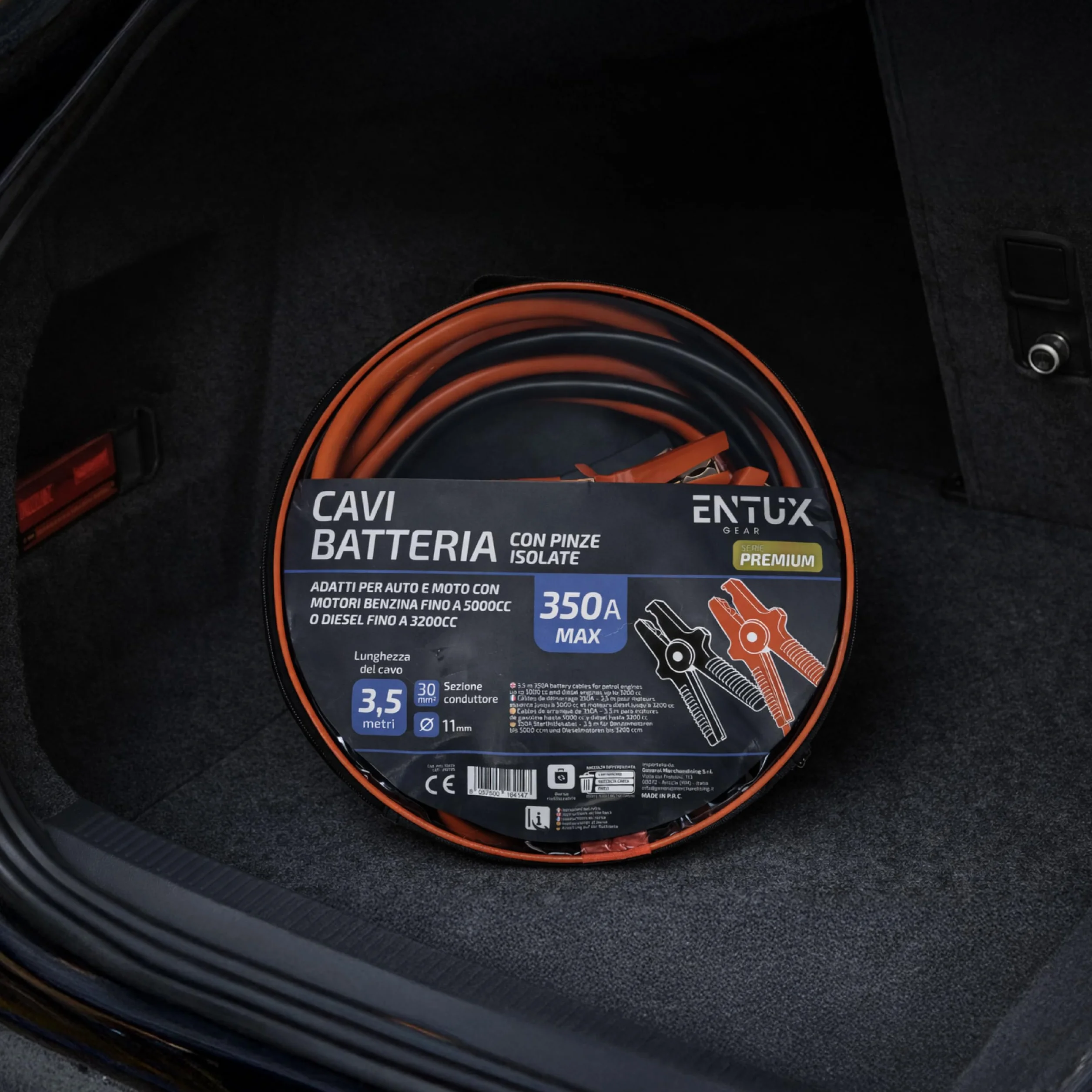Cavi Avviamento Batteria Auto e Moto 350A 3,5m Sezione 30mm² Pinze Isolate PVC Borsa Nylon