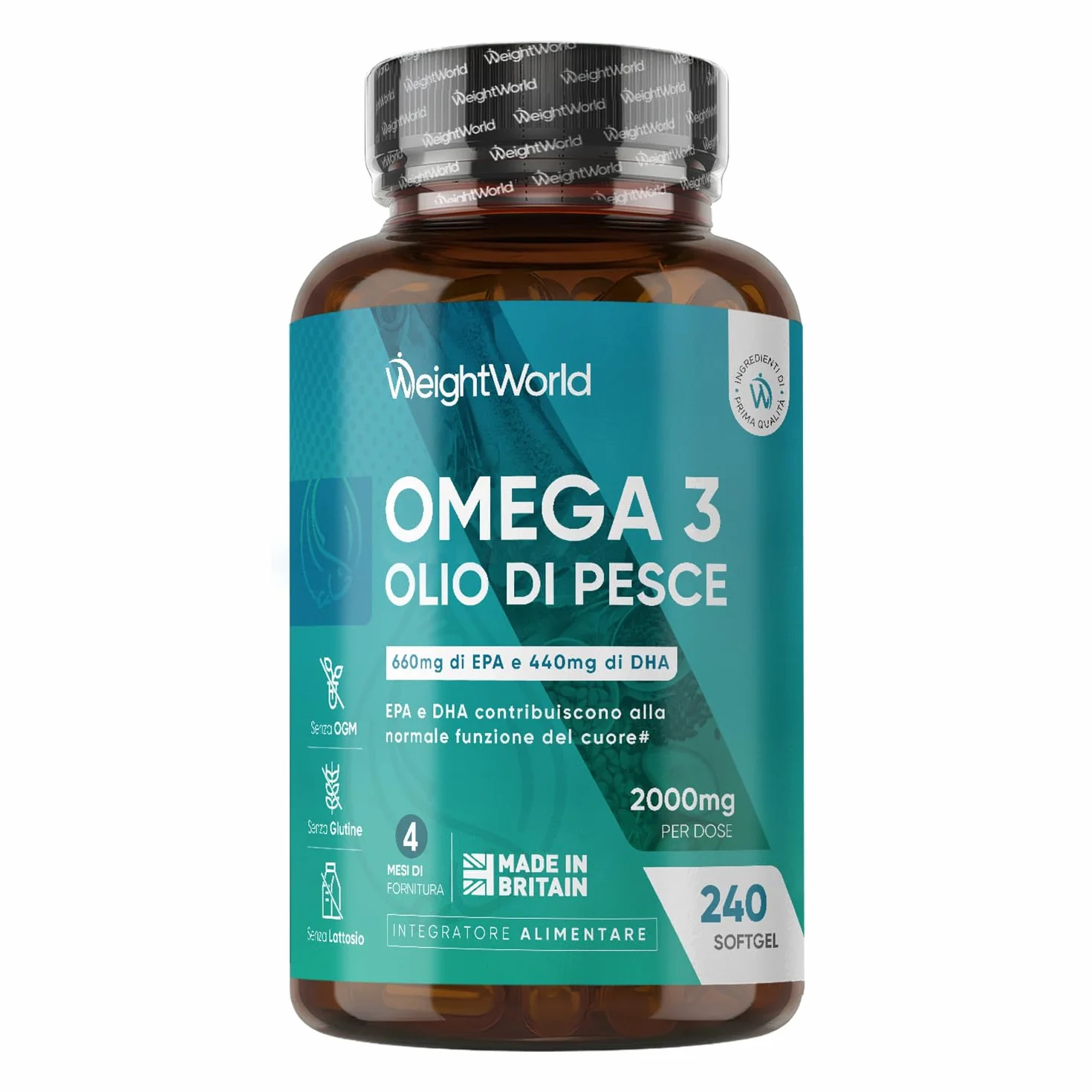 Omega 3 Olio di Pesce 2000mg 660mg EPA 440mg DHA Integratore 240 Softgel Acidi Grassi Essenziali