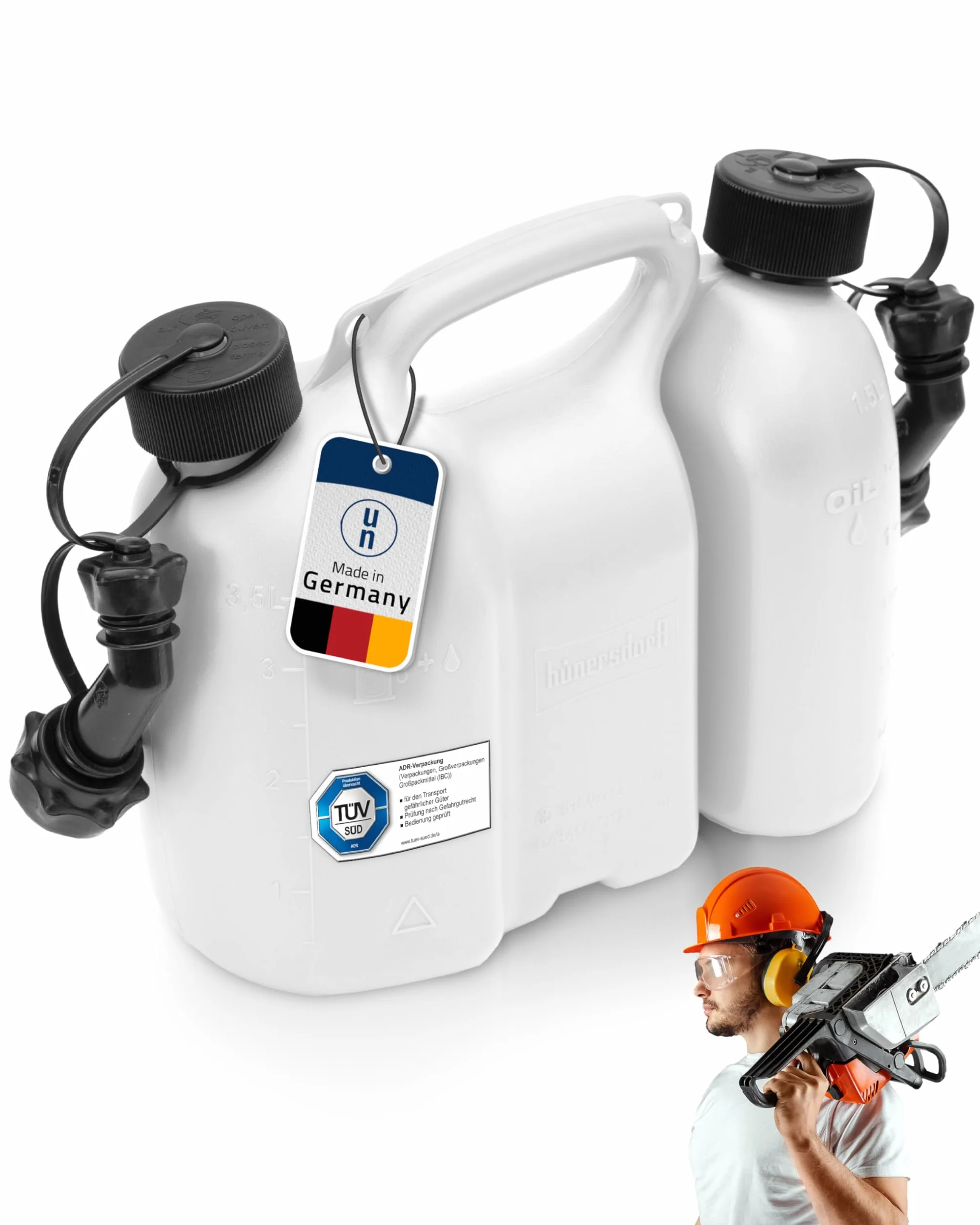 hünersdorff Bidoni combinati per carburante ed olio 3+1,5 litri UN omologazione Made in Germany bianco