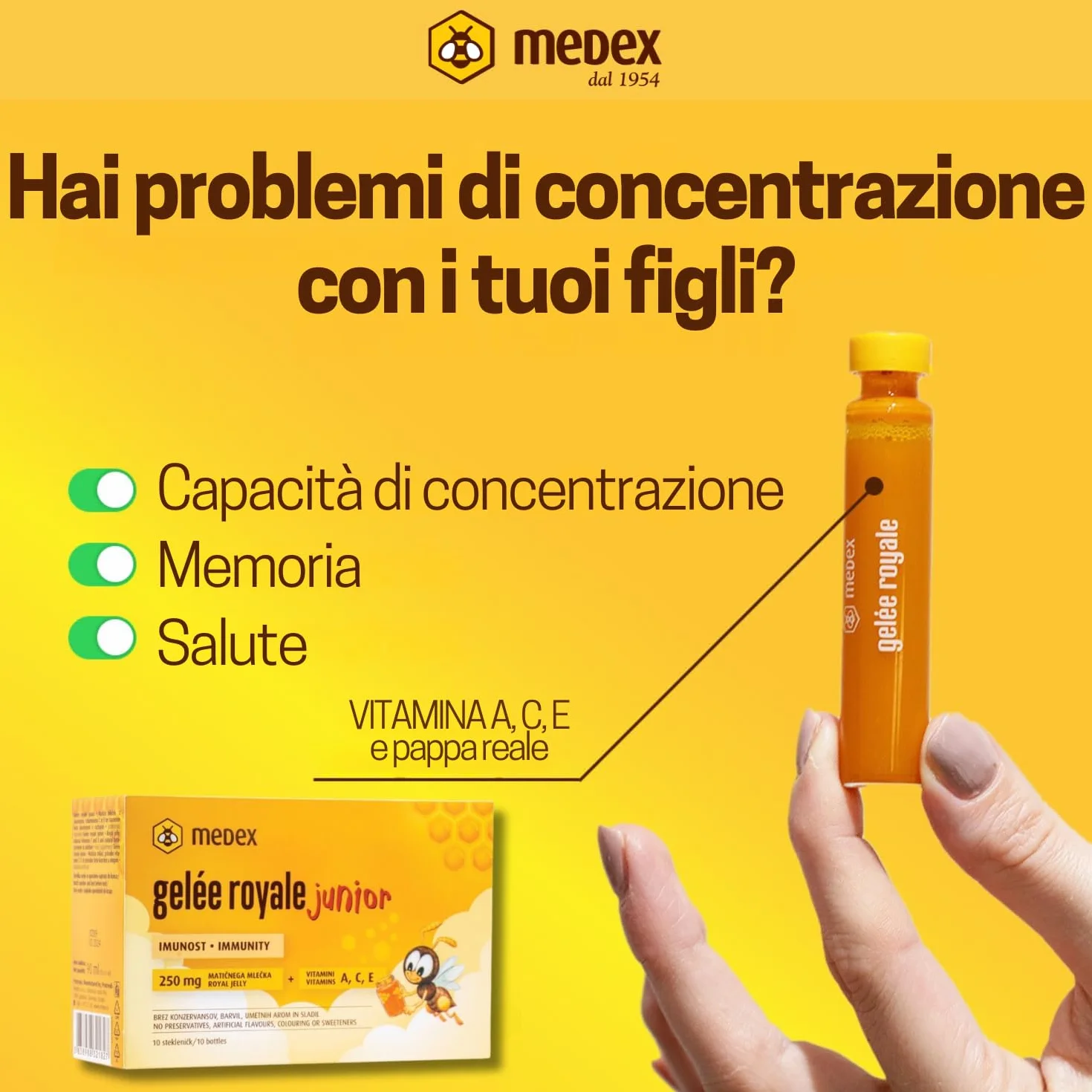 Medex Gelée Royale JUNIOR Pappa reale 250 mg vitamine naturali A C E liquido fiale 10x9 ml bambini 3+