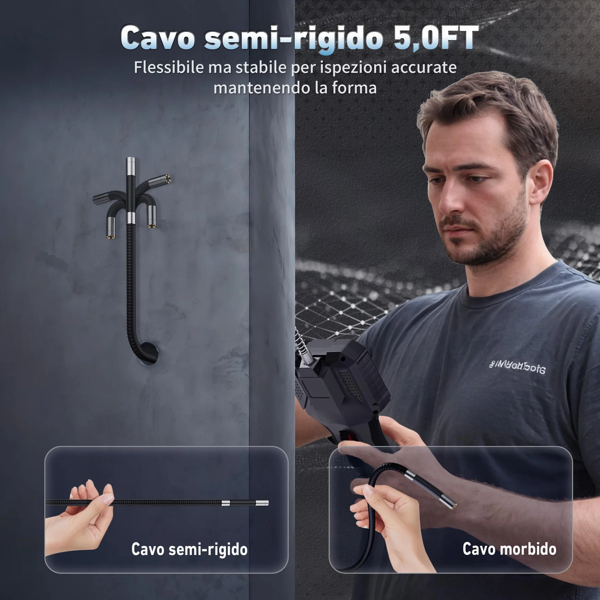 Ralcam Endoscopio 360° Orientabile con Display HD 5" 1280×720, Sonda 6,2 mm, Cavo 1,5 m, IP67 Impermeabile