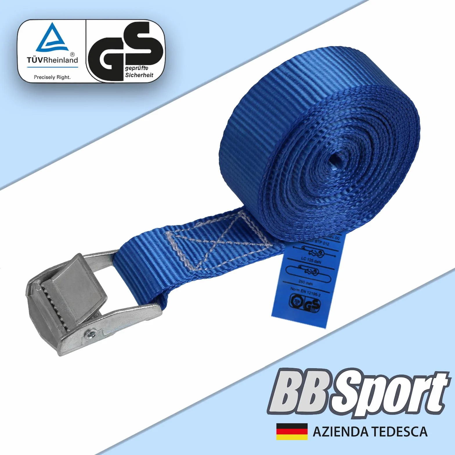 Cinghia di fissaggio Cinghie di tensione blu 1m 2,5m 4m 6m resistenza 250 kg DIN EN 12195-2 4 pezzi 2.5 cm x 4 m