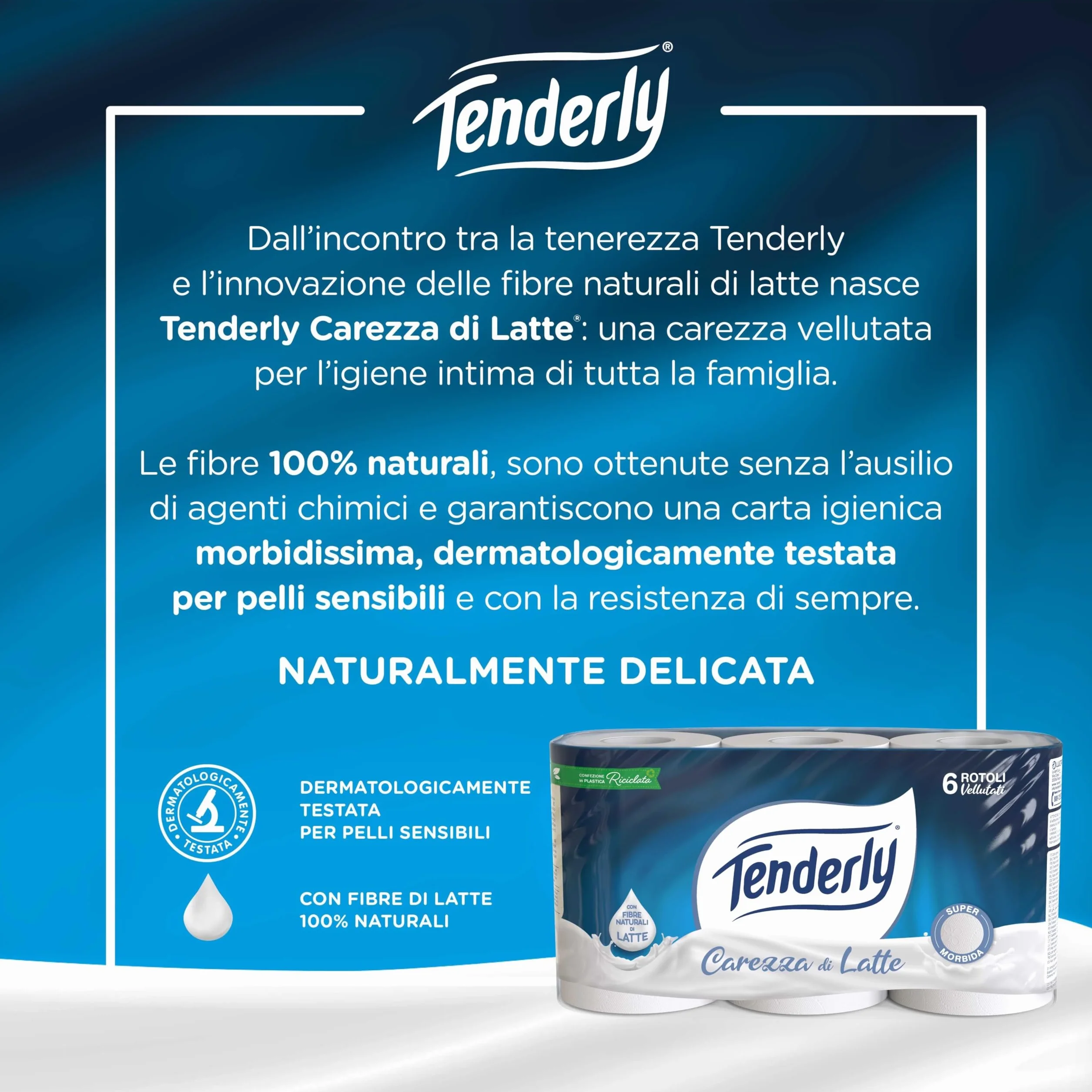 Tenderly Carezza di Latte Carta Igienica 2 Veli 6 Rotoli Fibre 100% Naturali di Latte Made in Italy