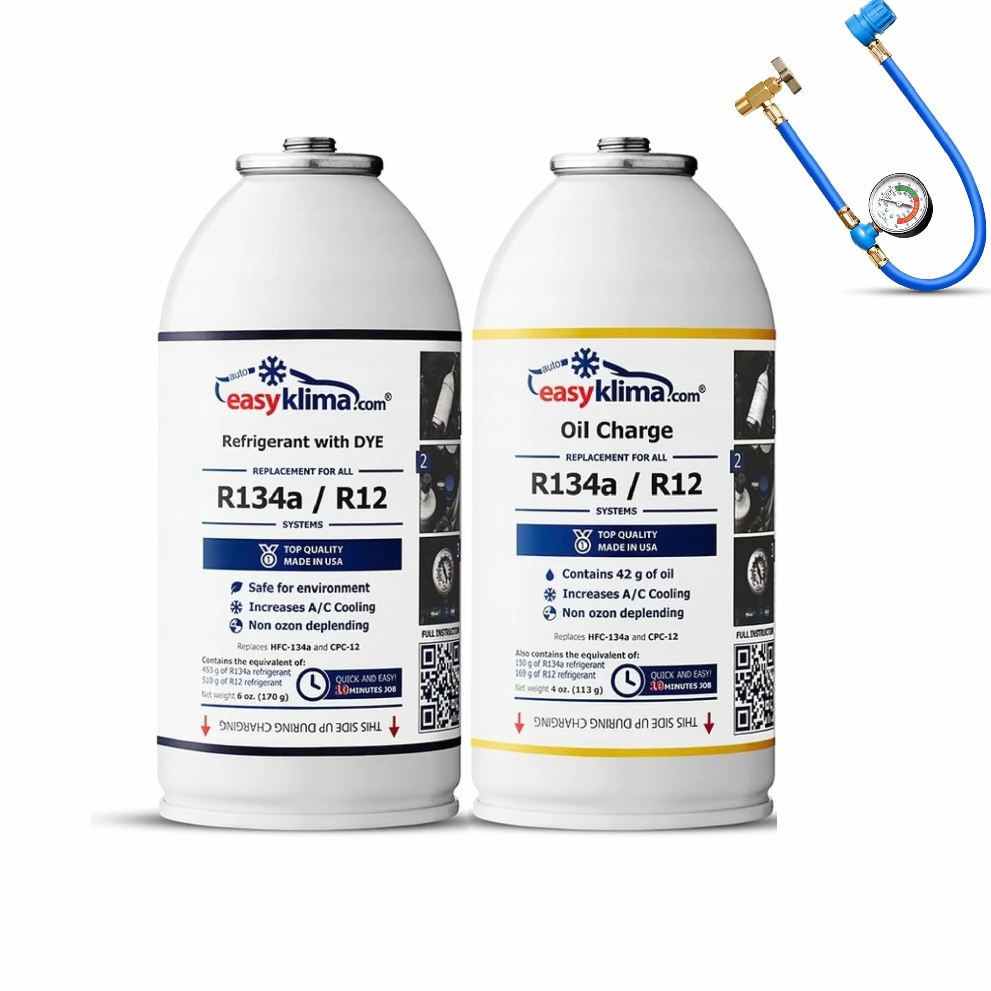 EasyKlima R134a/R12 Premium Set – Refrigerante + 3 in 1 Oil Charge + tubo con manometro – Per prestazioni di raffreddamento ottimali del condizionatore Veltao