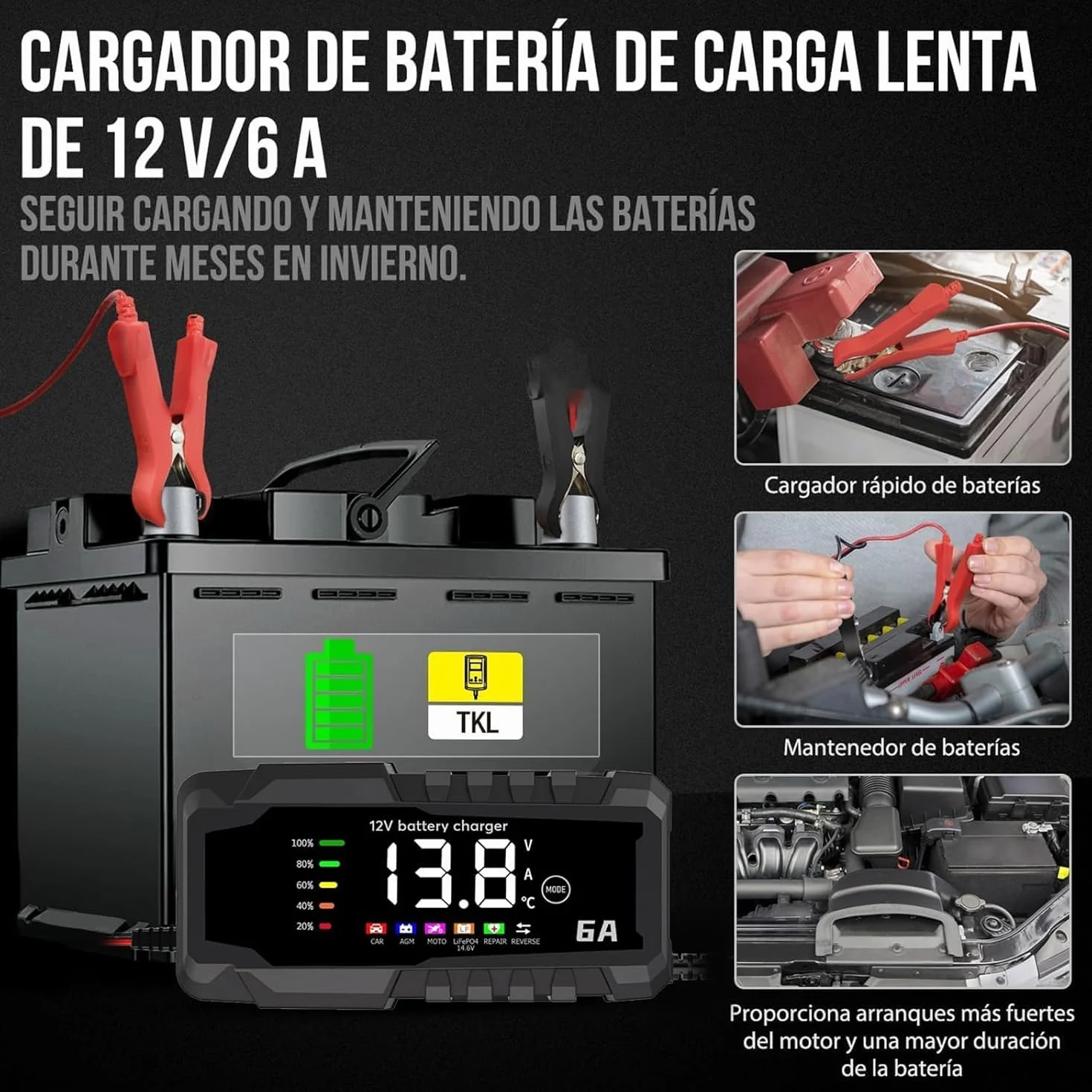 SQUADO Caricabatteria 6A 12V Intelligente per Auto, Moto, Scooter – Ricarica Automatica con Display LCD, Protezione da Sovraccarico e Inversione Polarità, per Batterie Piombo AGM/GEL/WET