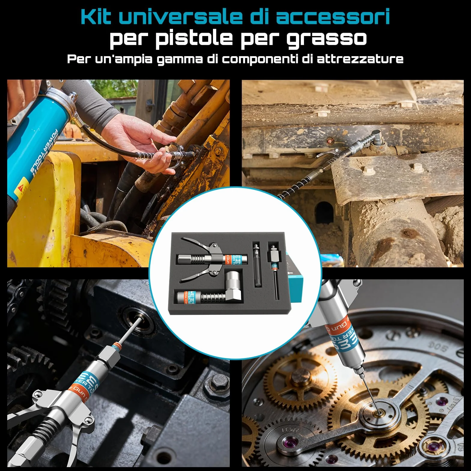 Seesii Kit di Accessori per Ingrassatore GR04P, Testina Professionale, Adattatore 90°, Tubo Flessibile 30 cm, 2 Puntali