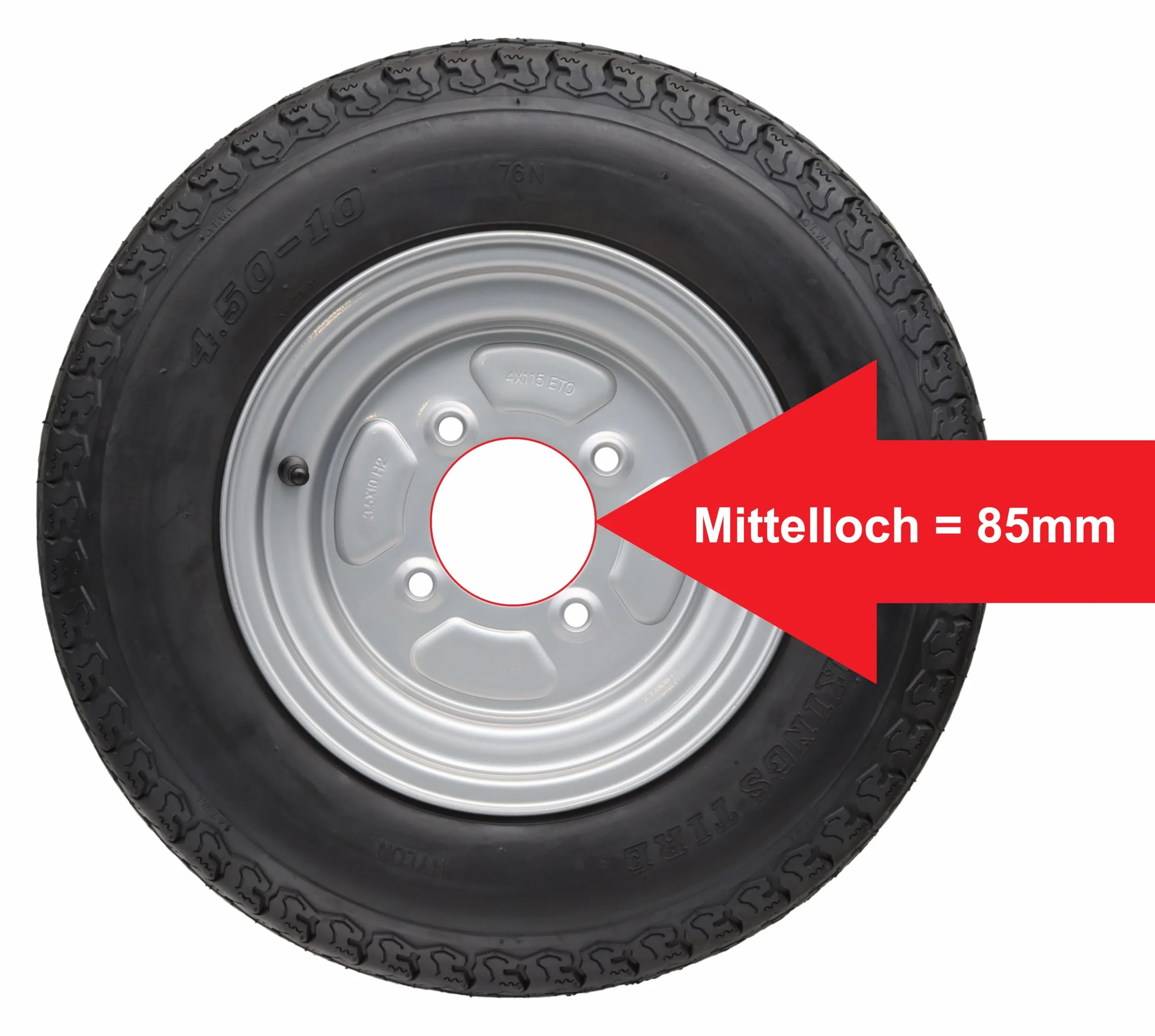 Ruota completa rimorchio 4.50 10 400 kg foro centrale 85 mm cerchio 4x115 pneumatico cerchio francese foro 3.50B x 10 H2 ET 0 (1)
