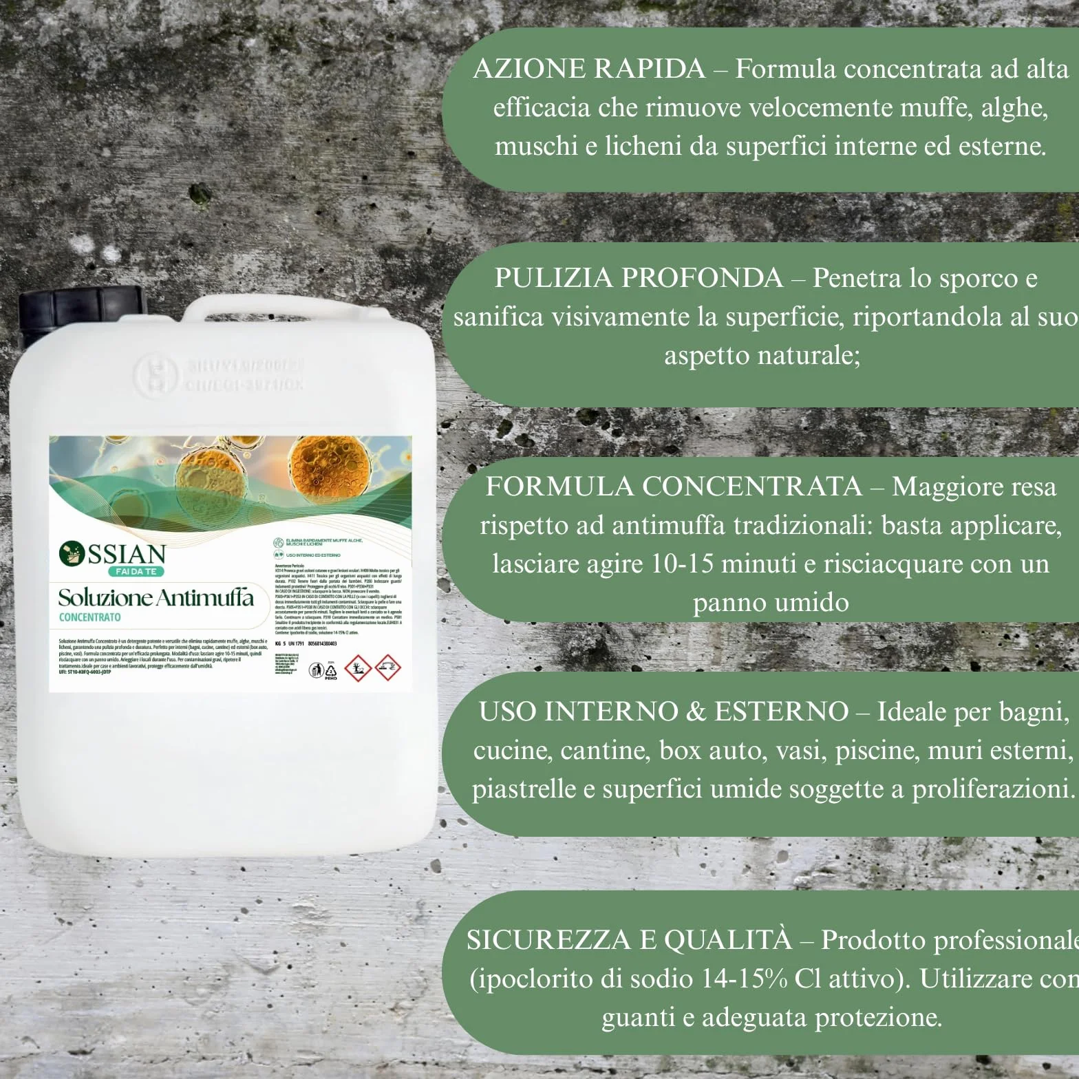 Ossian Soluzione Antimuffa 5 lt – Rimuovi Muffa, Alghe, Muschi, Licheni – Per Interni ed Esterni