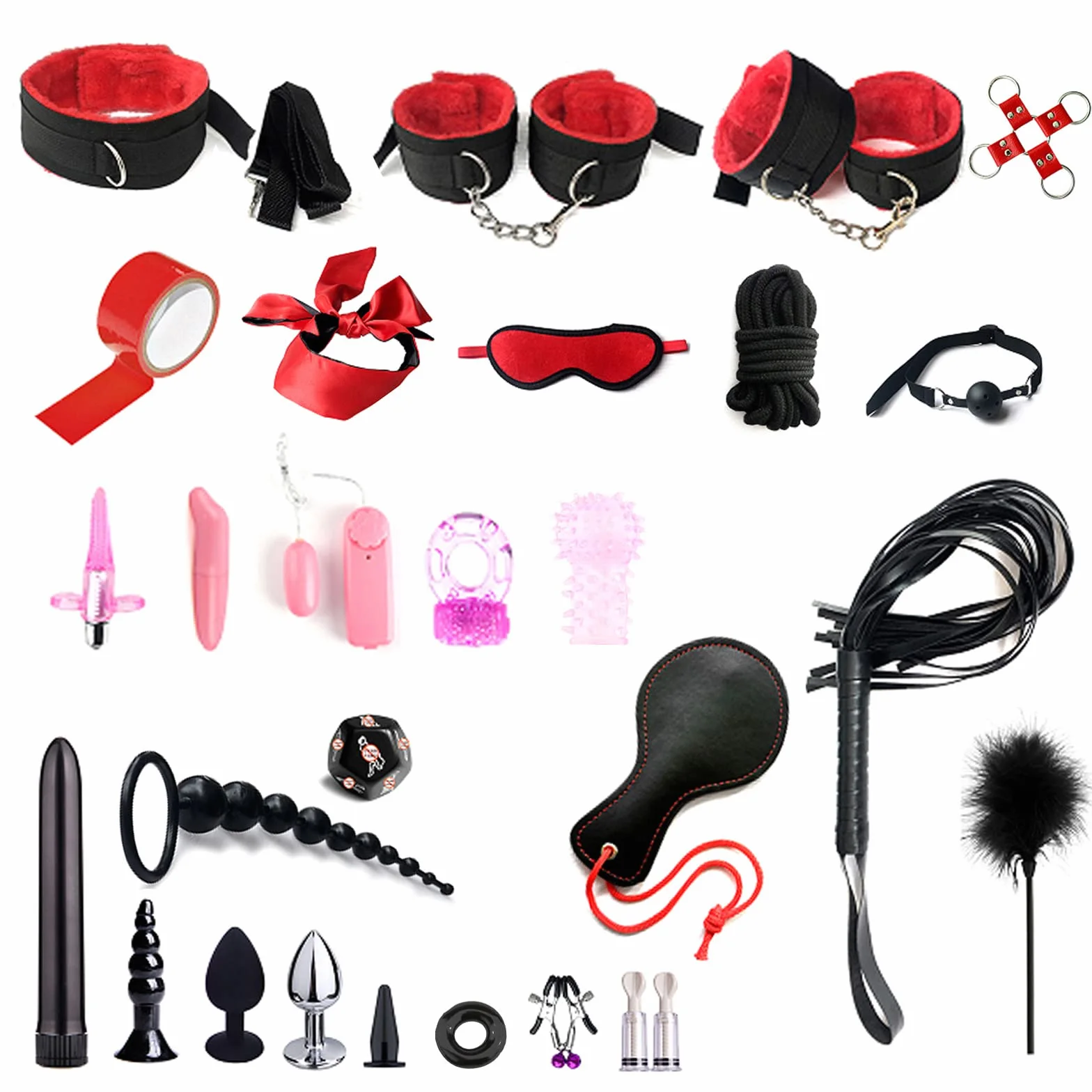 BDSMYOU Bondage Set 28 pezzi Manette Plug Anale Vibratore Frustino Morsetti Capezzoli Choker Ball Gag Sessuali Rosso