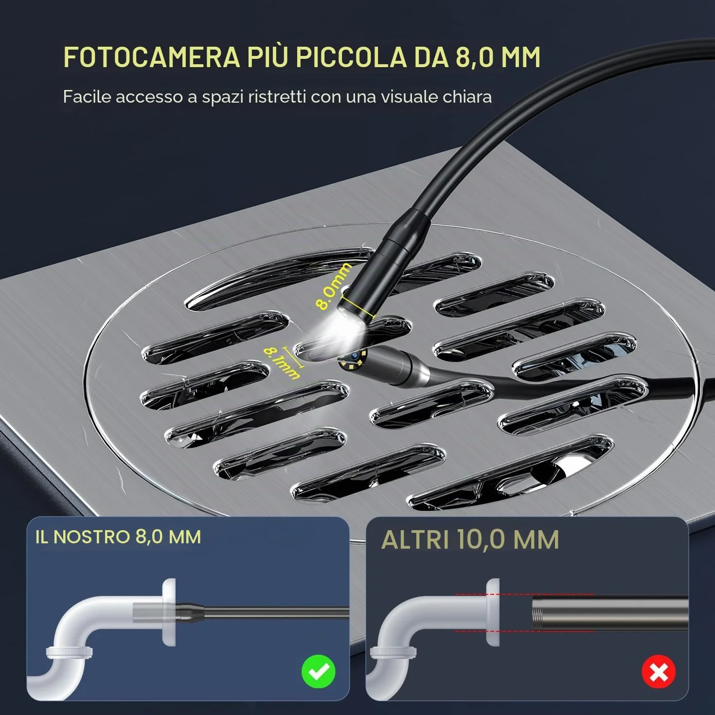 Endoscopio Industriale Qimic 2.4" IPS 1080P HD Sonda Ispezione IP67 Cavo Semirigido 5M