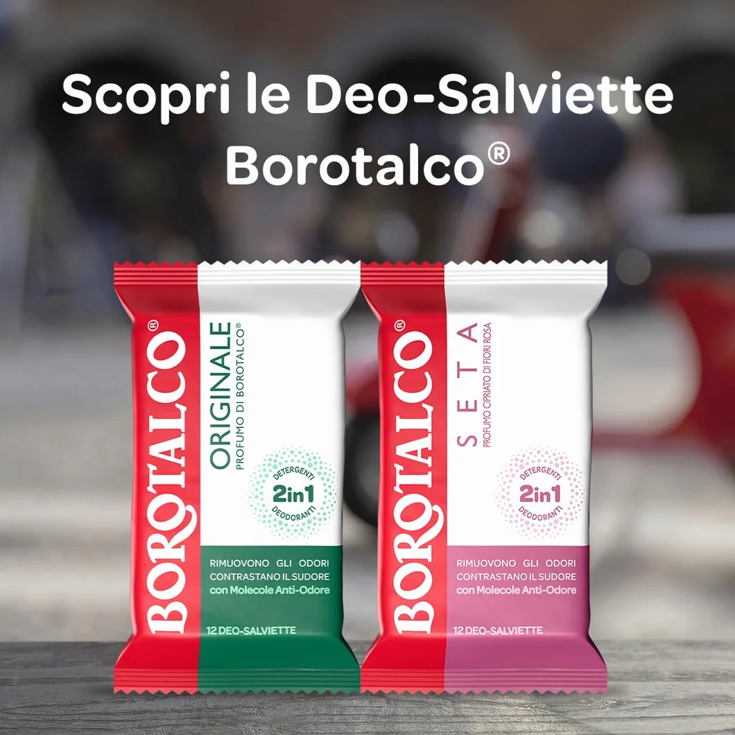 Borotalco Deo-Salviette Originale 2in1 Salviette Deodoranti Detergenti con Molecole Anti-Odore 48h Confezione 12 Pezzi