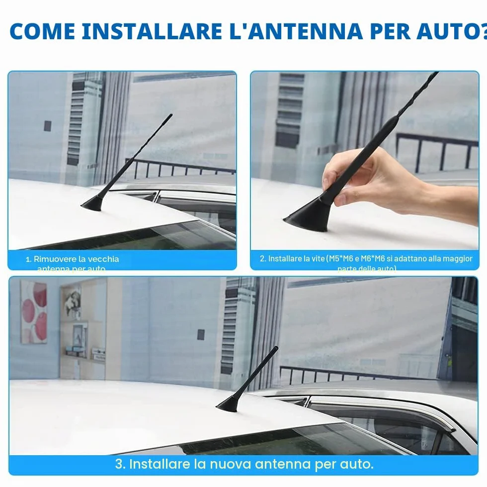 Antena Universale per Auto 6,5cm + 18,5cm FM/AM/DAB con Viti M4 M5 M6