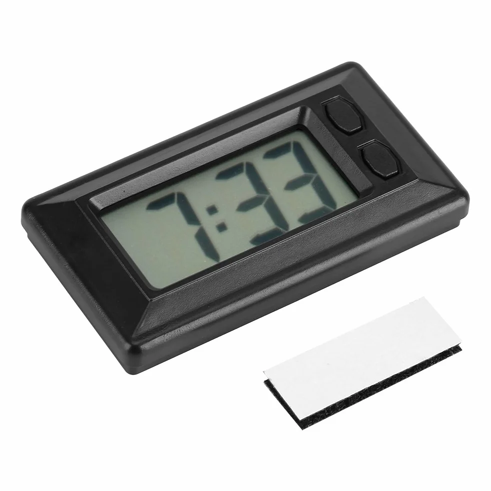 Garosa Orologio Digitale da Auto con Termometro, Display LCD Retroilluminato 46,5x22mm, Nero, ABS, con Supporto Adesivo, Alimentazione a Batteria