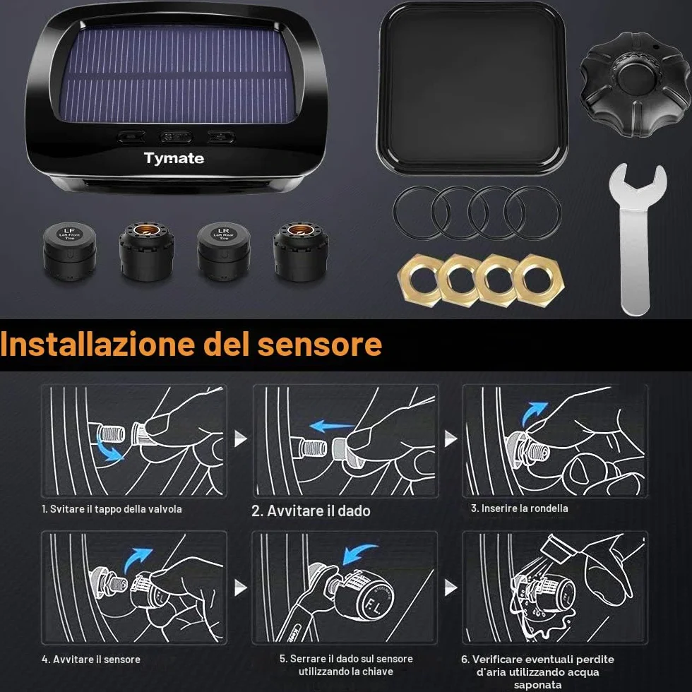 Tymate Sistema di monitoraggio della pressione dei pneumatici per camper, sistema di monitoraggio della pressione dei pneumatici M12-3 (0-87 PSI) con carica solare, 5 modalità di allarme, modalità di
