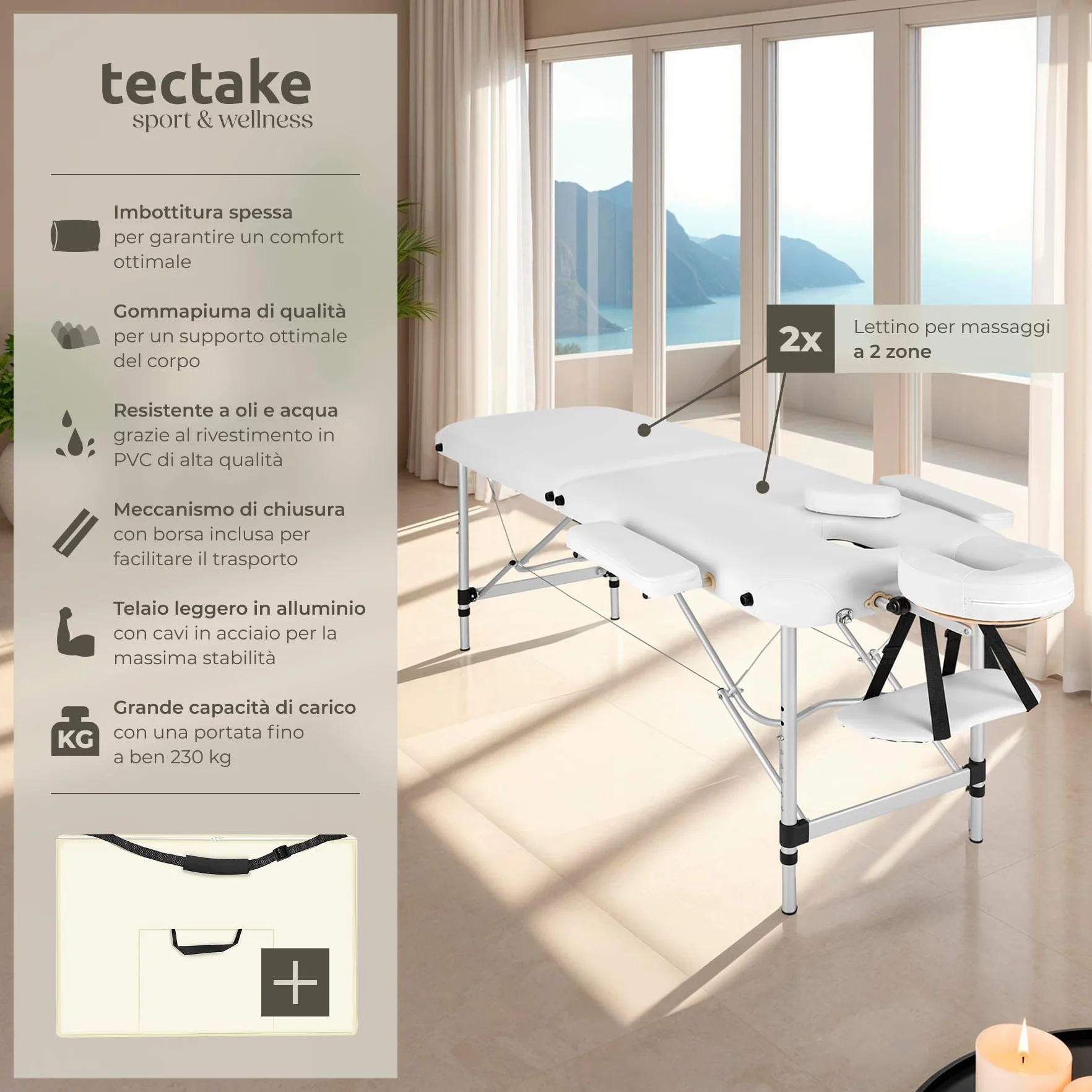 tectake Lettino Massaggio 2 Zone Portatile Regolabile Imbottitura Comfort Poggiatesta Multifunzione con Borsa Trasporto 230 kg Bianco