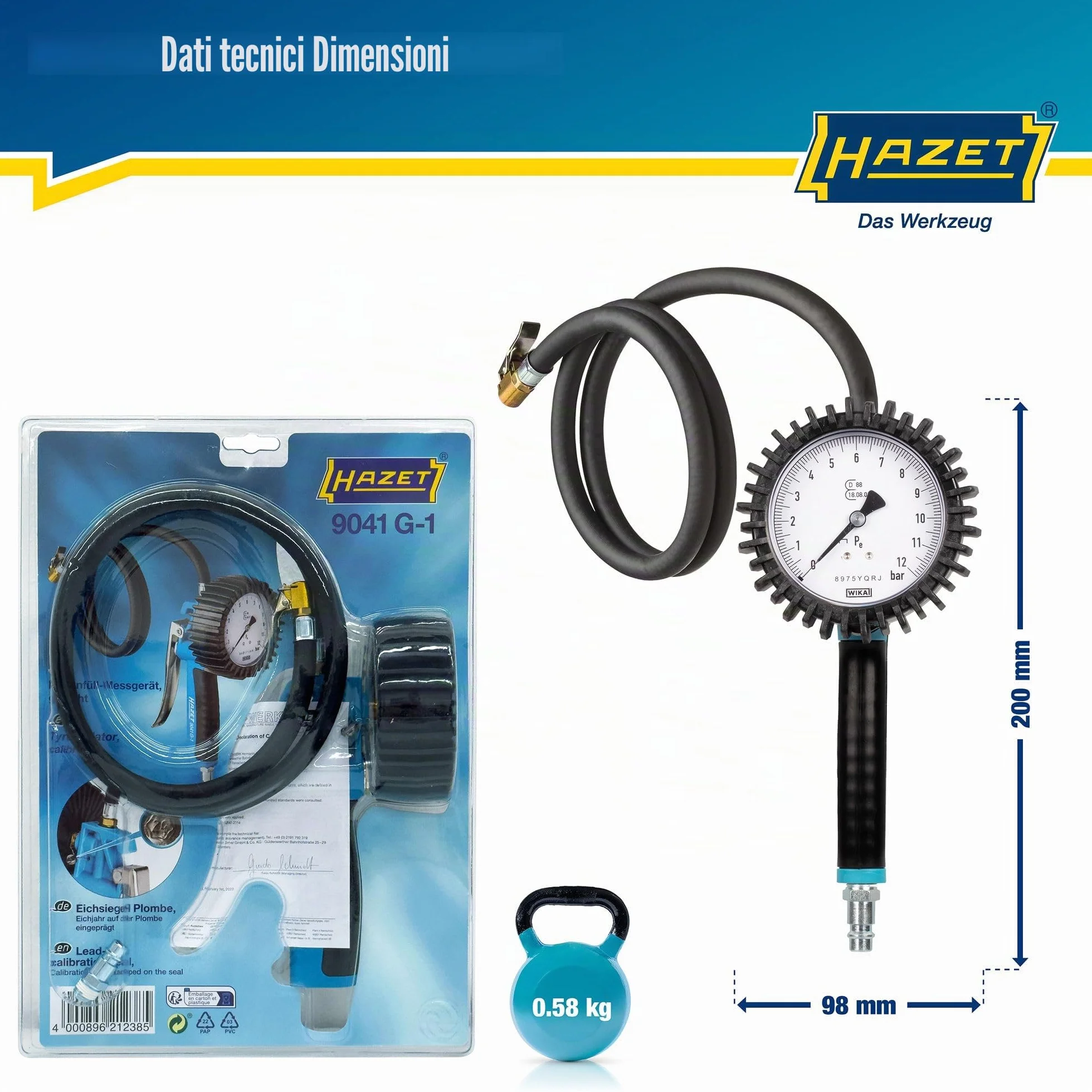 Manometro per pneumatici HAZET 9041G-1, Calibrato, di facile lettura, campo di misurazione del manometro: 0-10 bar, lunghezza del tubo flessibile: 1000 mm, diametro del manometro: 80 mm