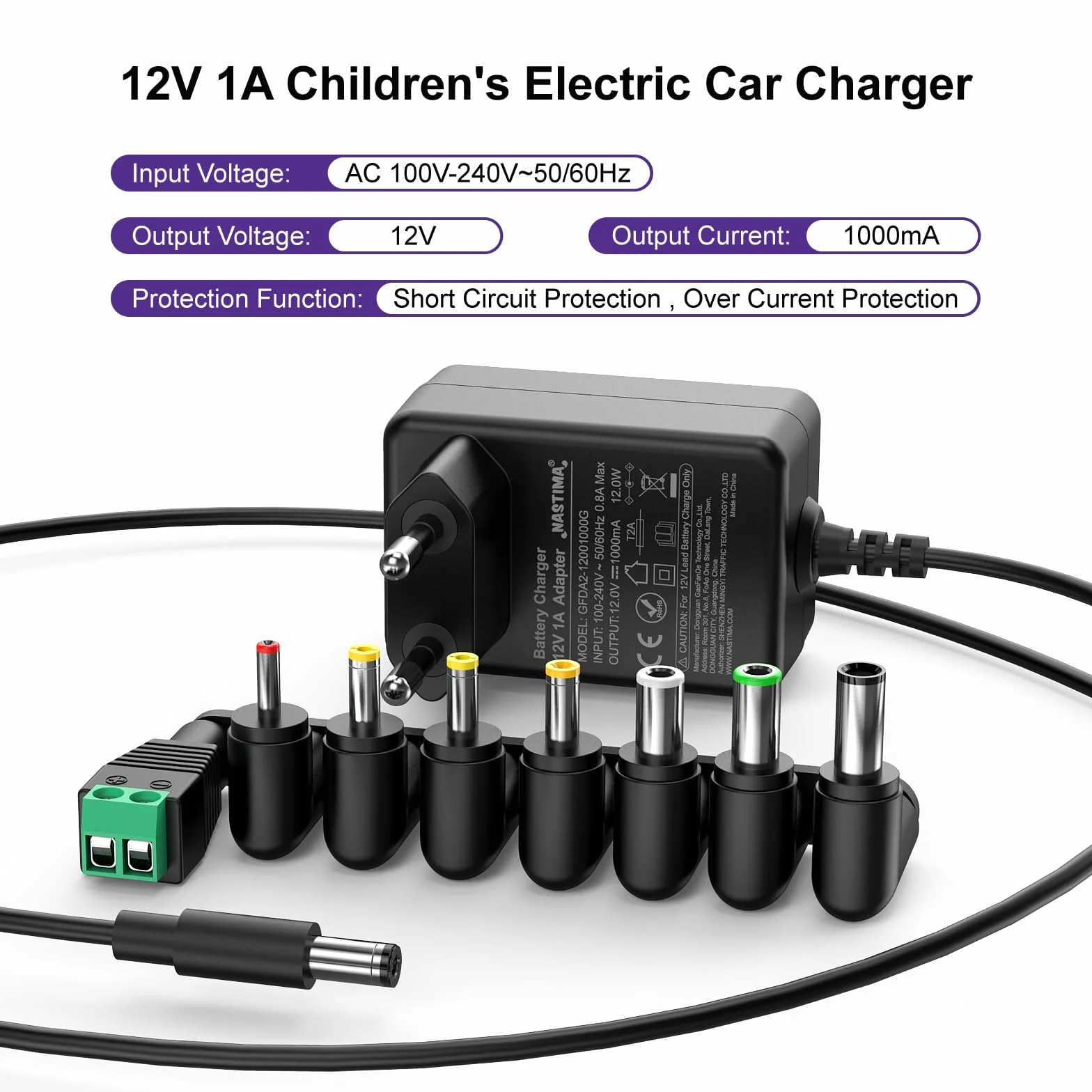 NASTIMA 12V 1A Caricabatterie Universale per Auto Elettriche Bambini con Indicatore Luminoso e 8 Convertitori