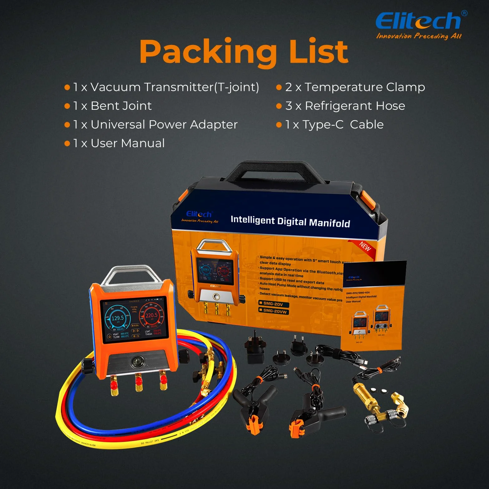 Elitech EMG-20V Kit Manometro Digitale Intelligente con Schermo Touch 5 Pollici Bluetooth per HVAC