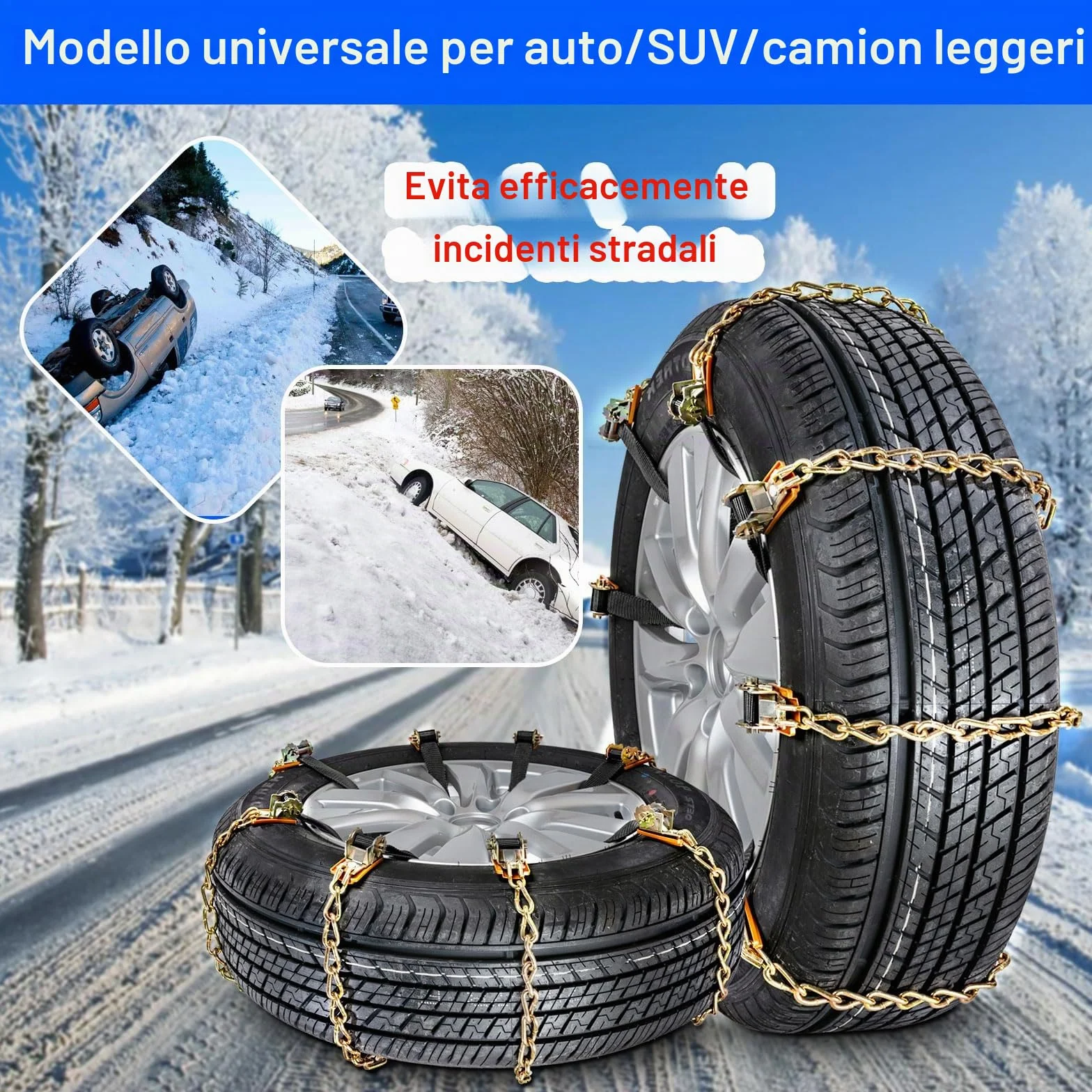 Ninonly Catene da Neve Universali 8Pcs per Auto - Montaggio Facile, Pneumatici 165-265mm, Guanti e Attrezzo Inclusi (Stringere la fibbia)
