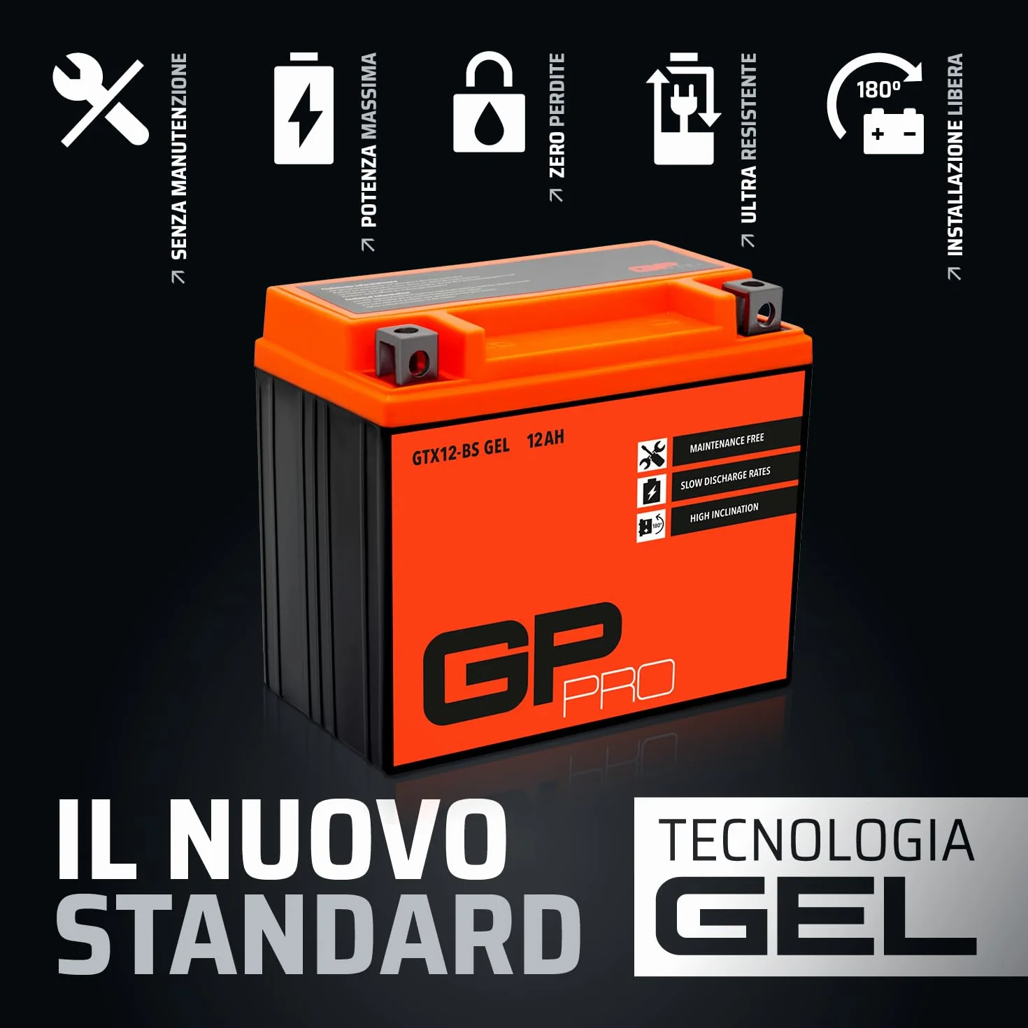 GP-PRO GTX12-BS 12V 12Ah GEL Batteria di avviamento (compatibile con YTX12-BS / 51012) (Esente da manutenzione/Sigillato) Moto Accumulatore