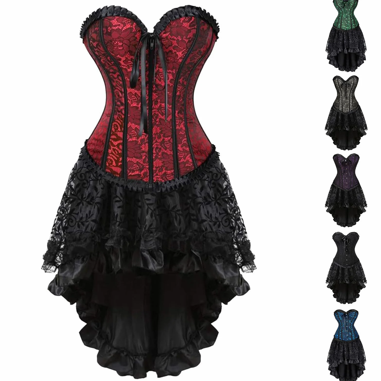 Corsetto vestito da donna abito corto asimmetrico in pizzo gotico Halloween vampiro steampunk