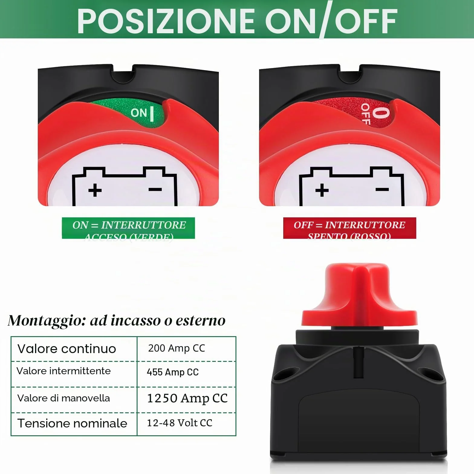 Bolatus Stacca Batteria 12V 24V 48V Staccabatteria On-Off, Interruttore di alimentazione principale Sezionatore batteria Master 200A per Camper Yacht Barca Camion Autobus Moto