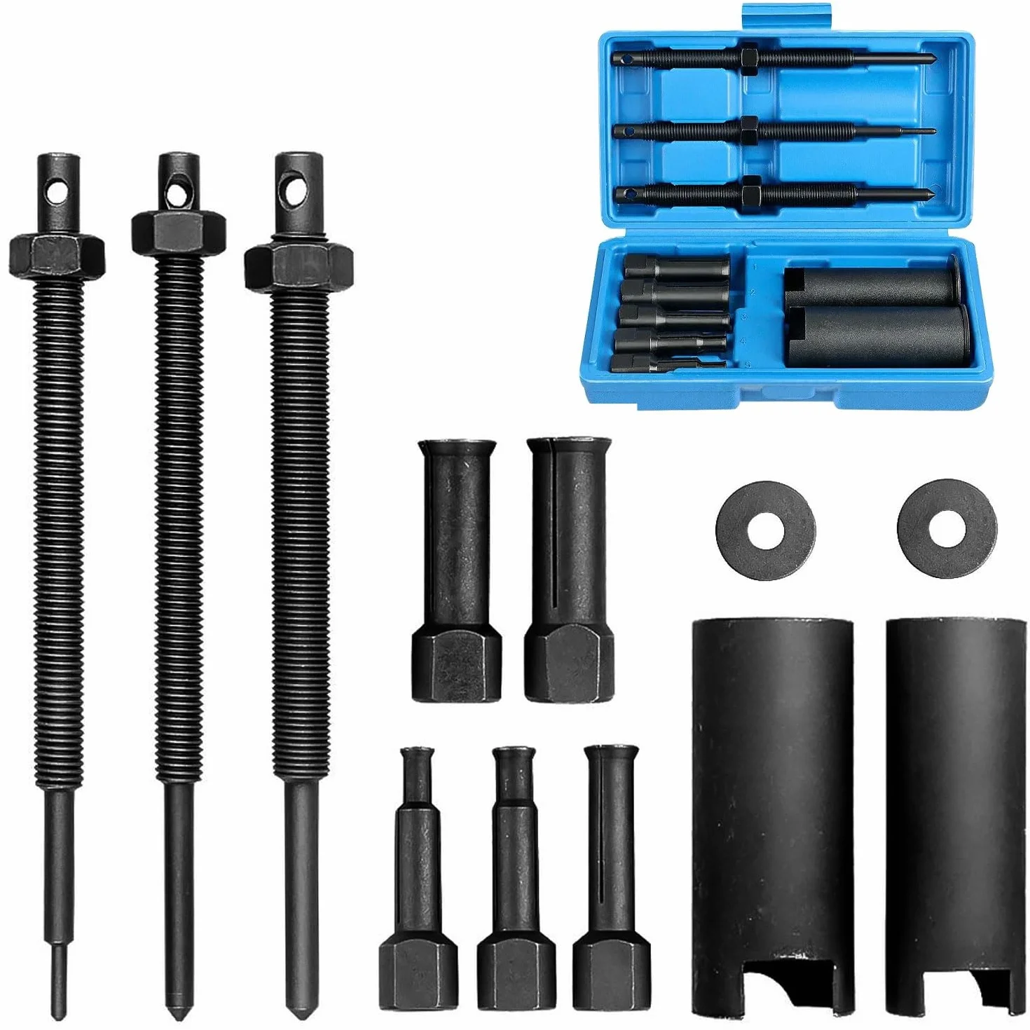 Estrattore Cuscinetti Interni Set, con Asta Filettata, Rondella e Bussola, Acciaio al Carbonio, 9/11/14/19/23 mm, con Valigetta, per Cuscinetti di Biciclette, Cuscinetti a Rullini (Nero)