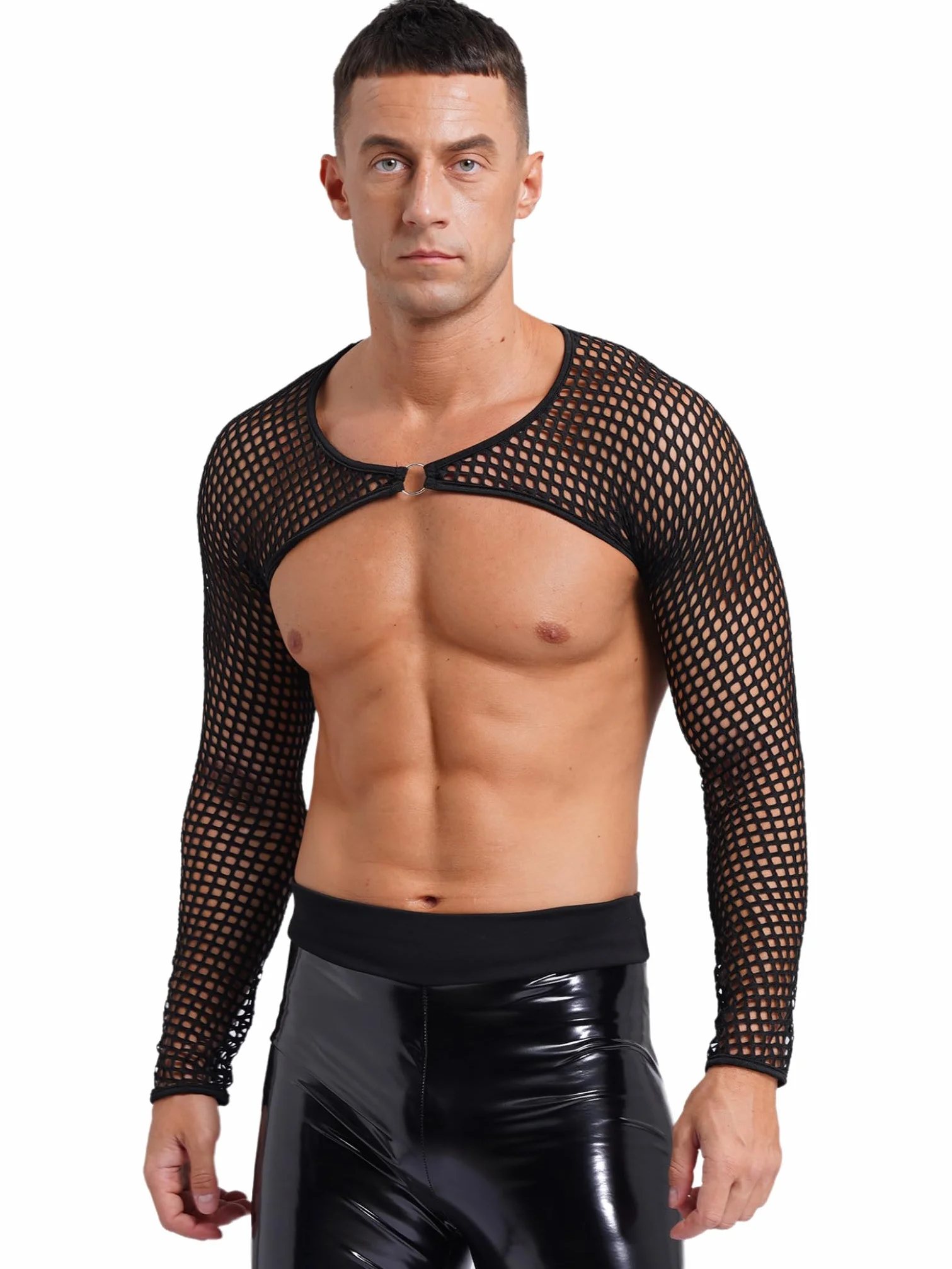 Męskie Lingerie Półprzezroczysta Siateczkowa Koszulka Crop Top Długa Rękaw