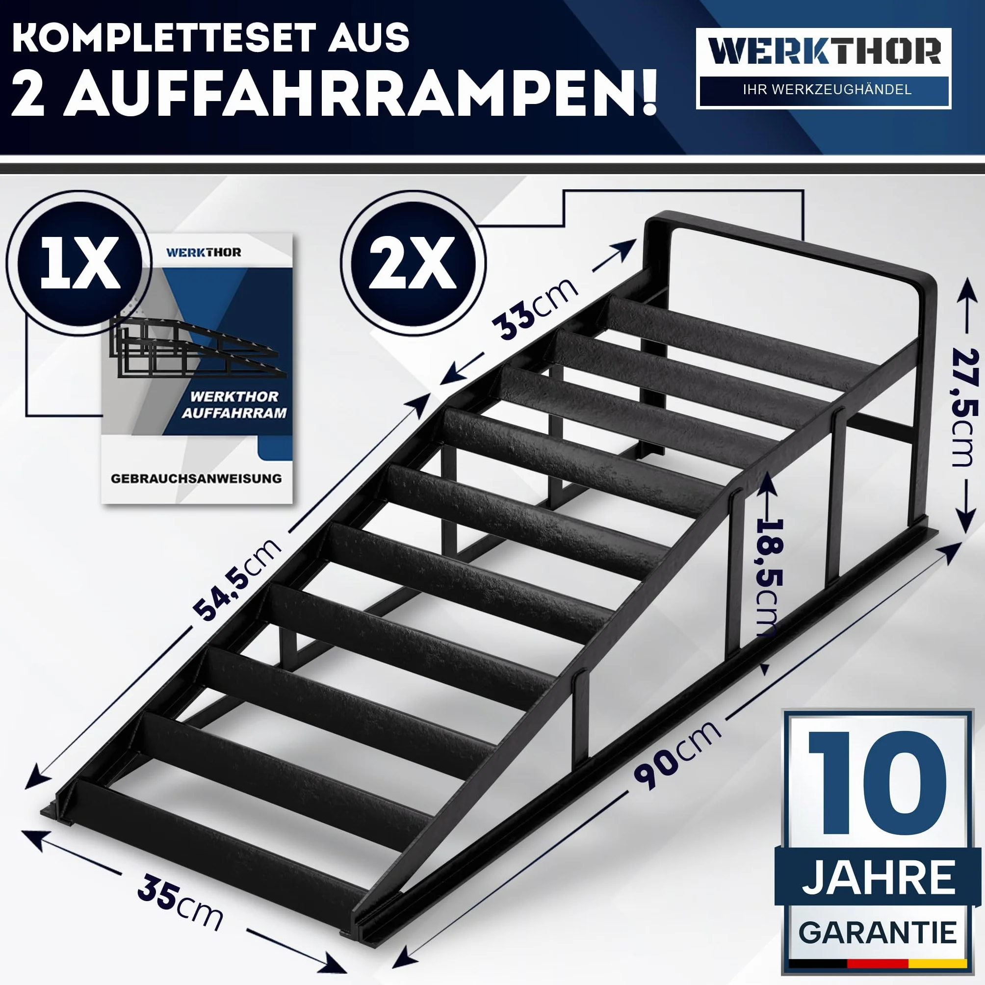 WERKTHOR Rampe Sollevamento Auto in Metallo [Set di 2] – Rampe per Auto Fino a <3t – Rampa Alta Resistenza per Ogni Superficie – Pedane Auto Robuste