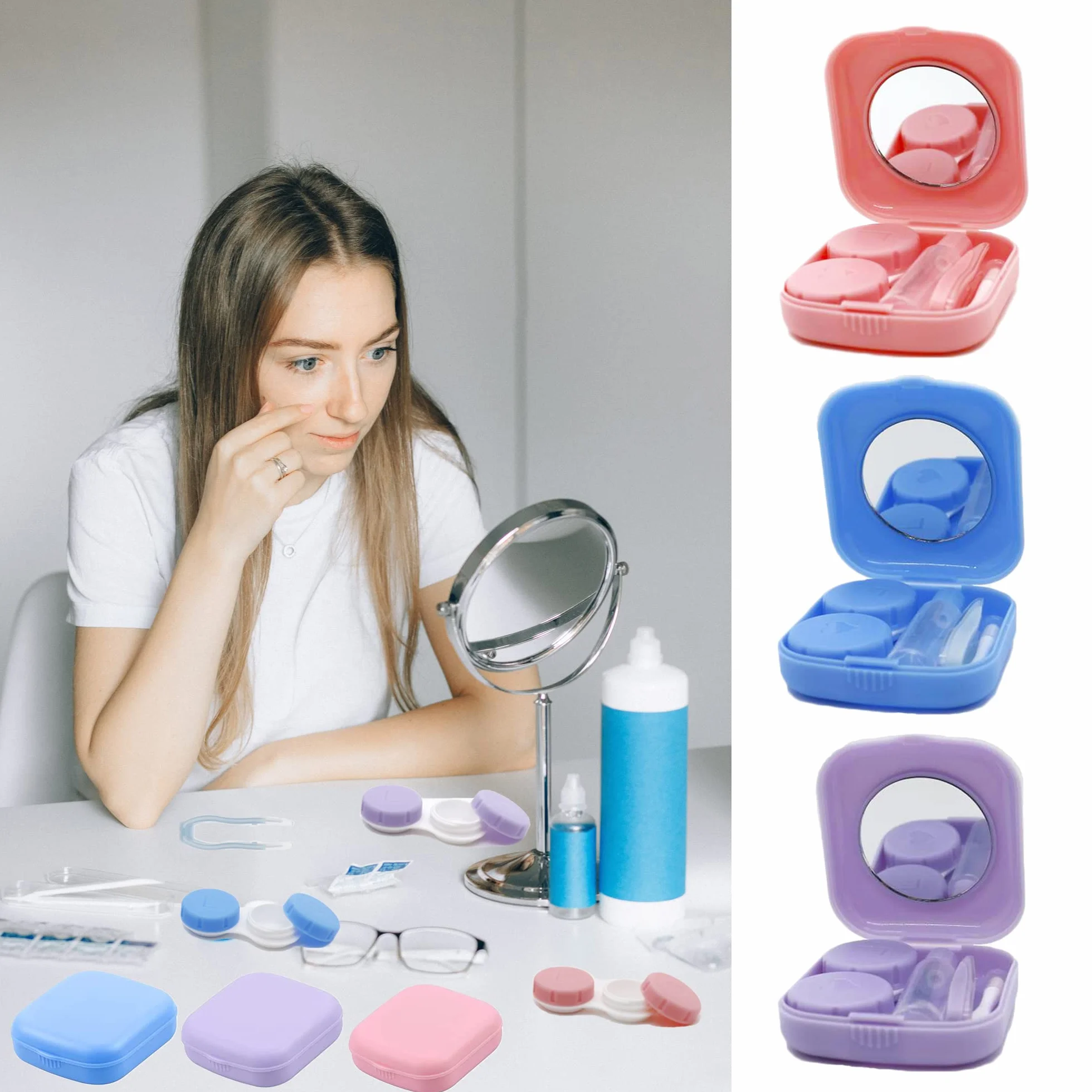 Custodia per lenti a contatto igienica portatile Set da viaggio con specchio Viola