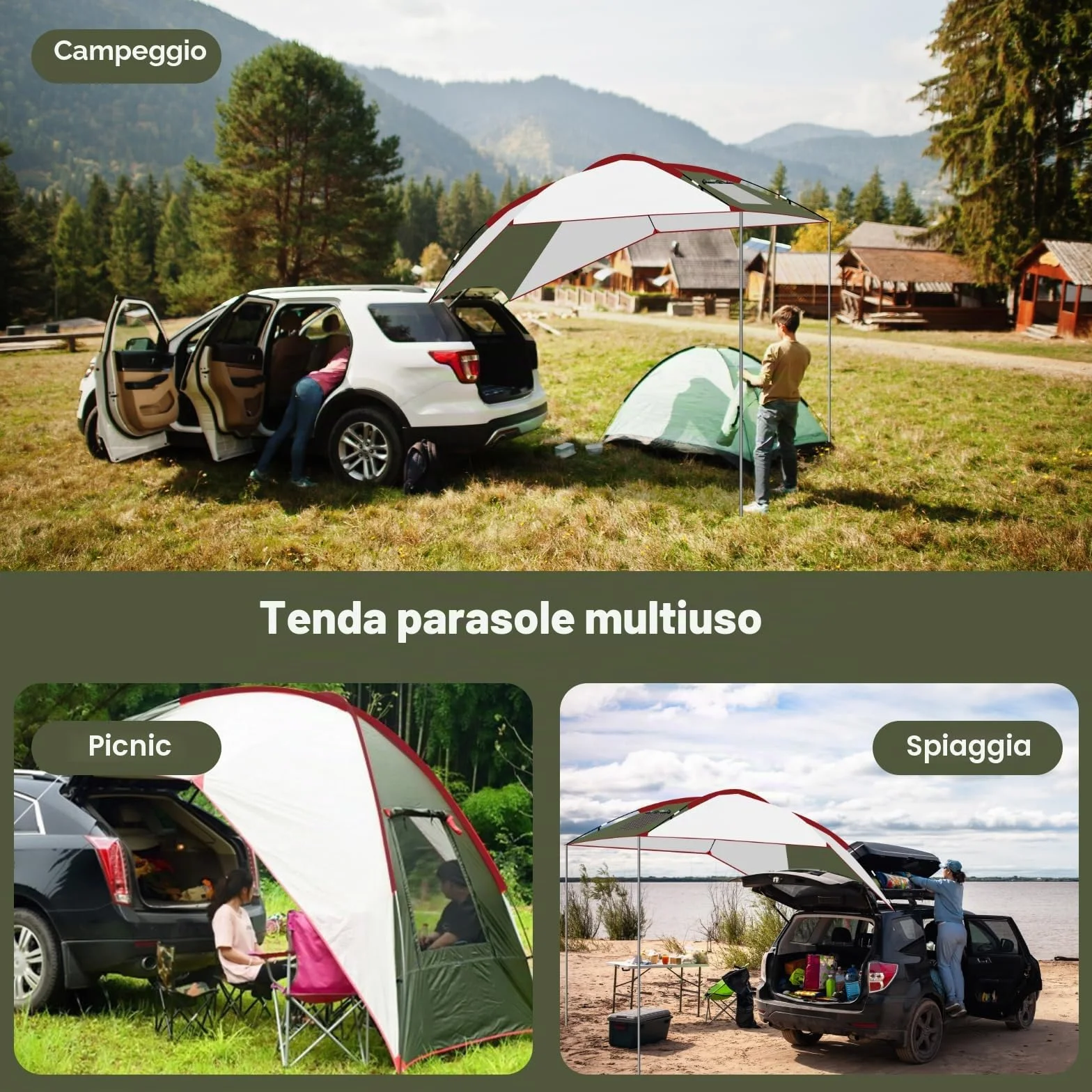 Tenda da Sole per Auto SUV Furgoni Campeggio Anti UV Impermeabile 2.4x1.9x2m