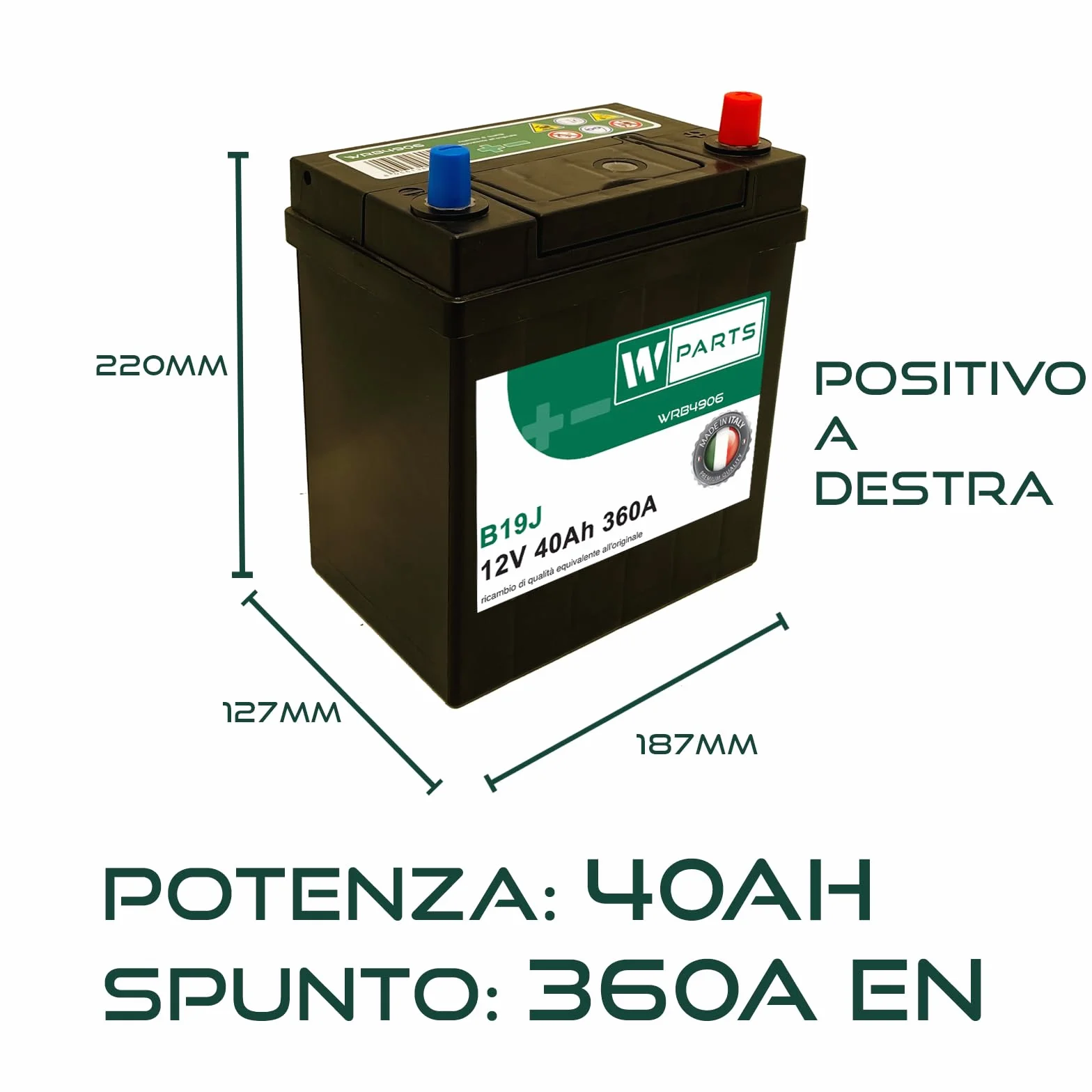 BATTERIA AUTO 40 Ah 360 A EN spunto Positivo a Destra Poli Piccoli