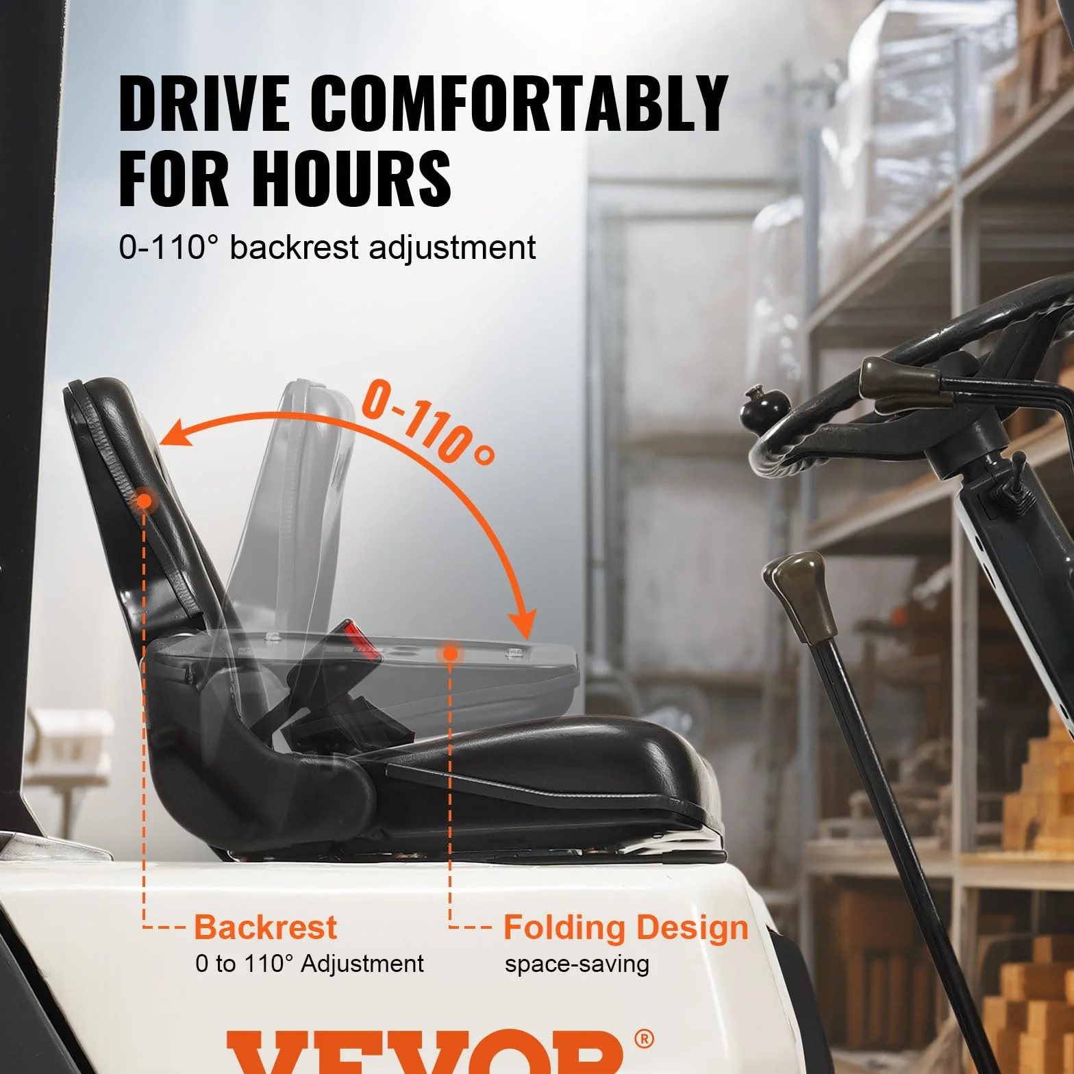 VEVOR Sedile per Carrello Elevatore Trattore Coprisedile Pieghevole per Trattore Schienale Angolo Regolabile 0-110° Fessura Estesa 160-340mm Sedile con Cintura di Sicurezza per Caricatore Escavatore