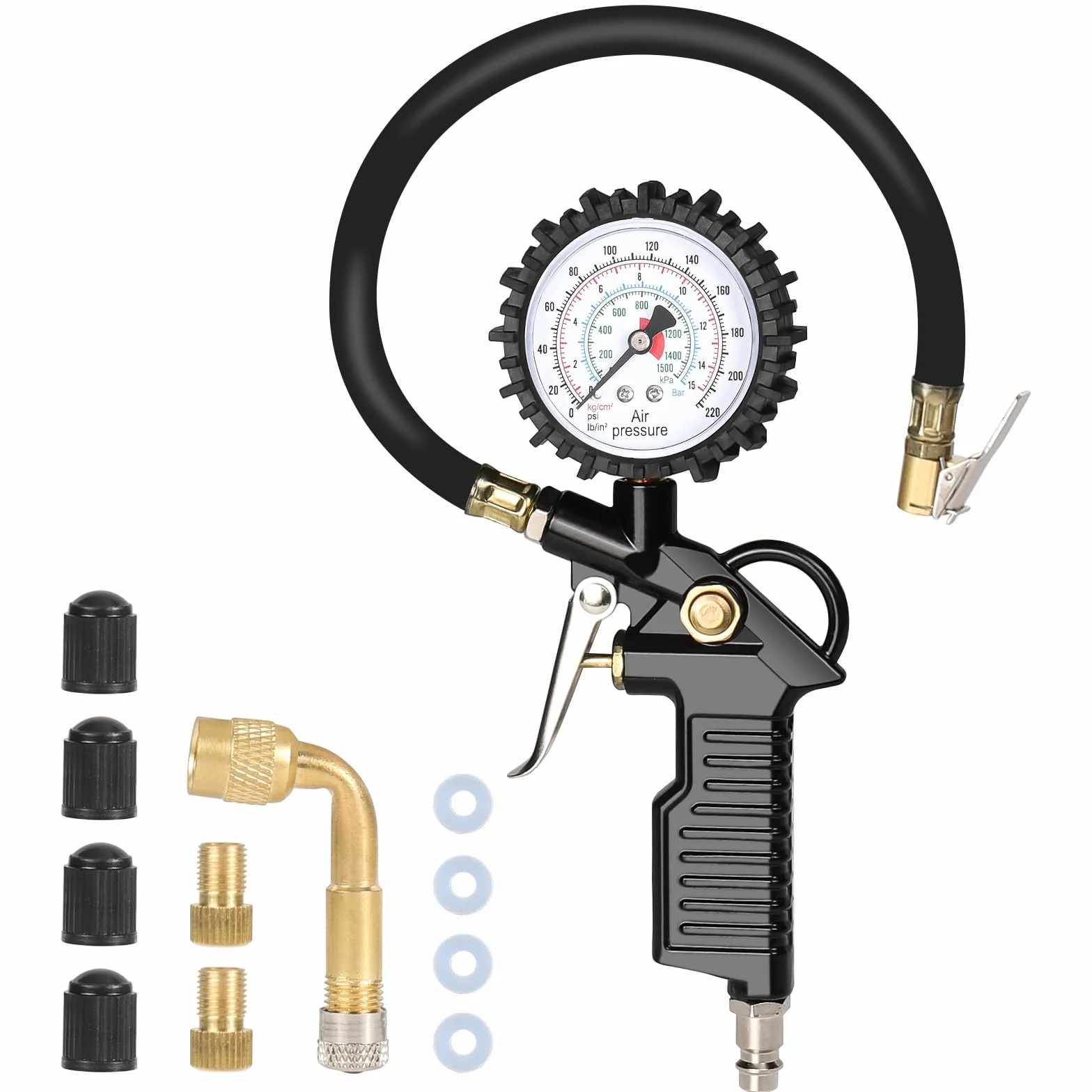 Manometro Pressione Gomme 220 PSI 16 BAR con Tubo Flessibile per Auto Moto