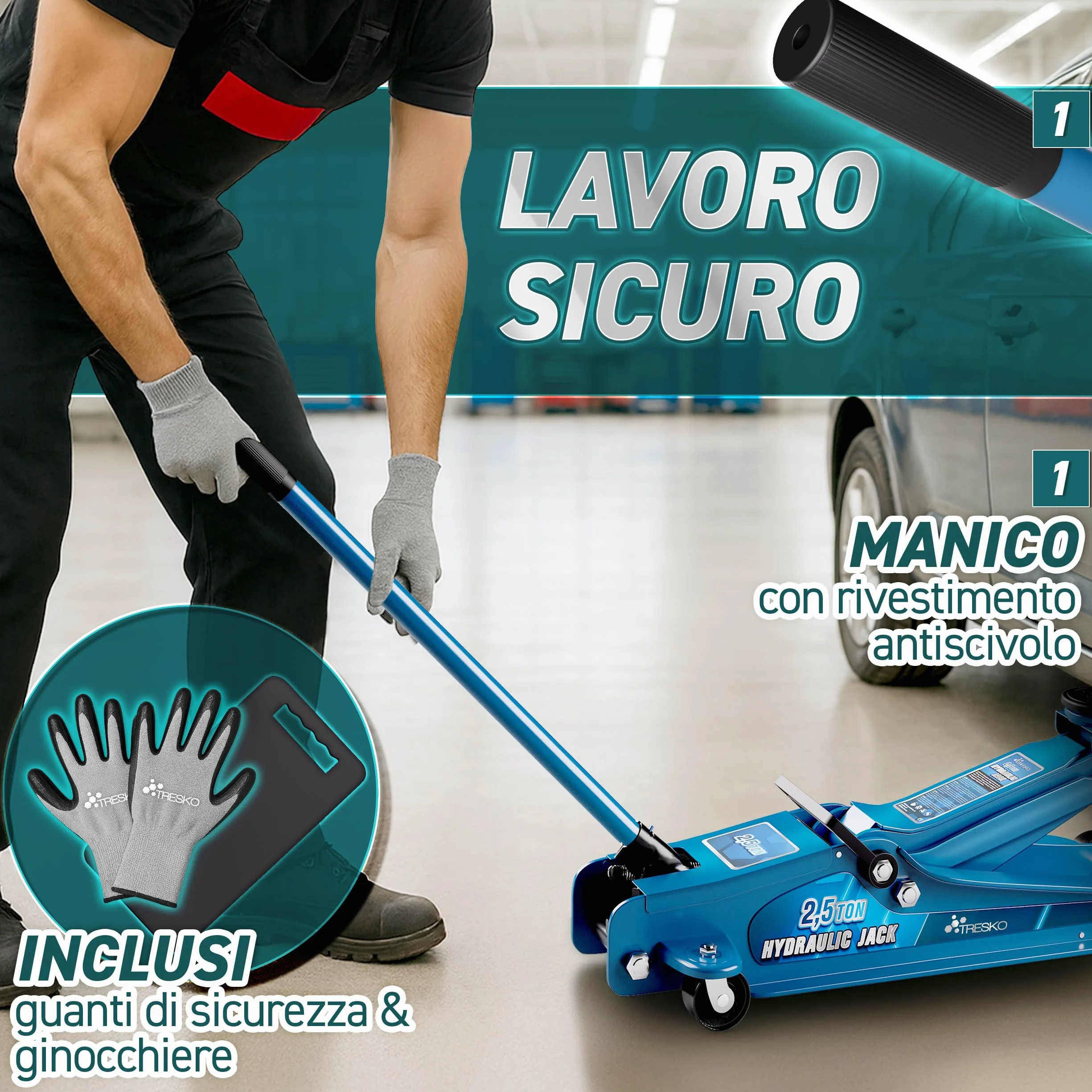 TRESKO Cric idraulico 2,5T altezza 85-385 mm con valigetta