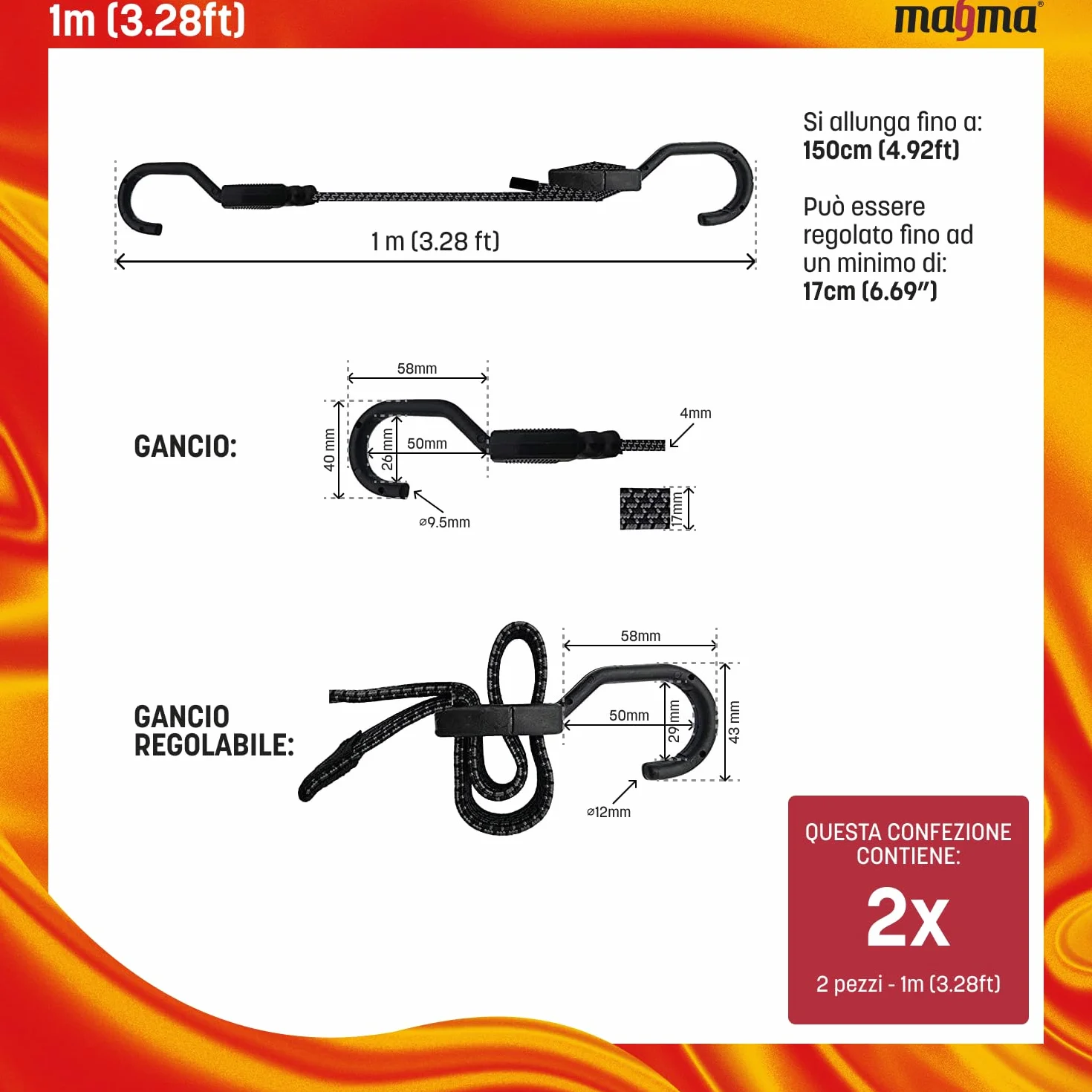 MAGMA Corda Elastica Piatta con Ganci Extra Forte Resistente per Campeggio Bagaglio Portapacchi Barca Auto