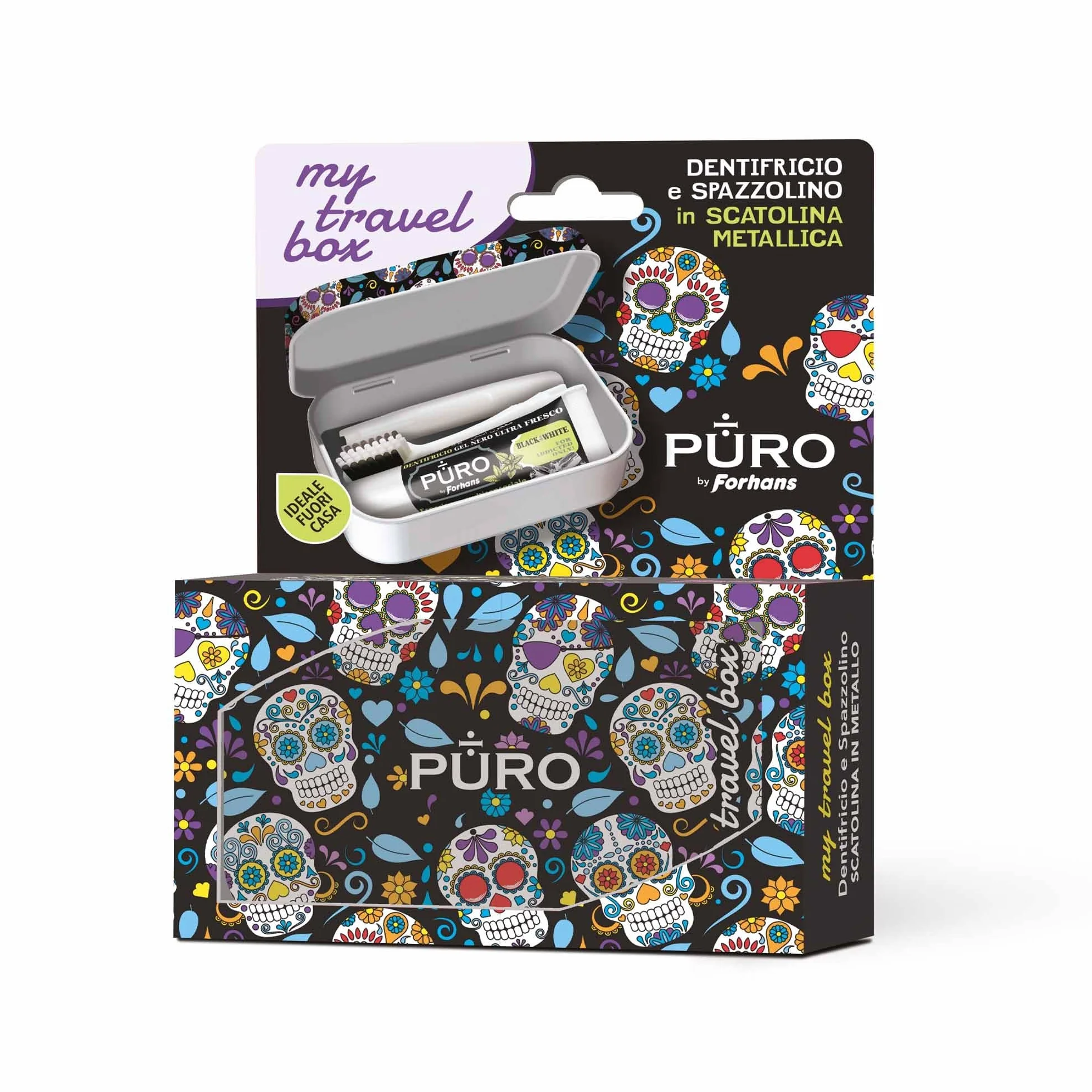 Forhans My Travel Box Teschi Nero Kit da Viaggio con Spazzolino Componibile e Dentifricio al Carbone Attivo