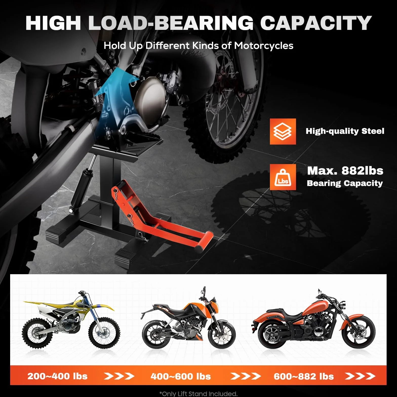 Cavalletto idraulico per moto 400 kg altezza regolabile 25-40 cm