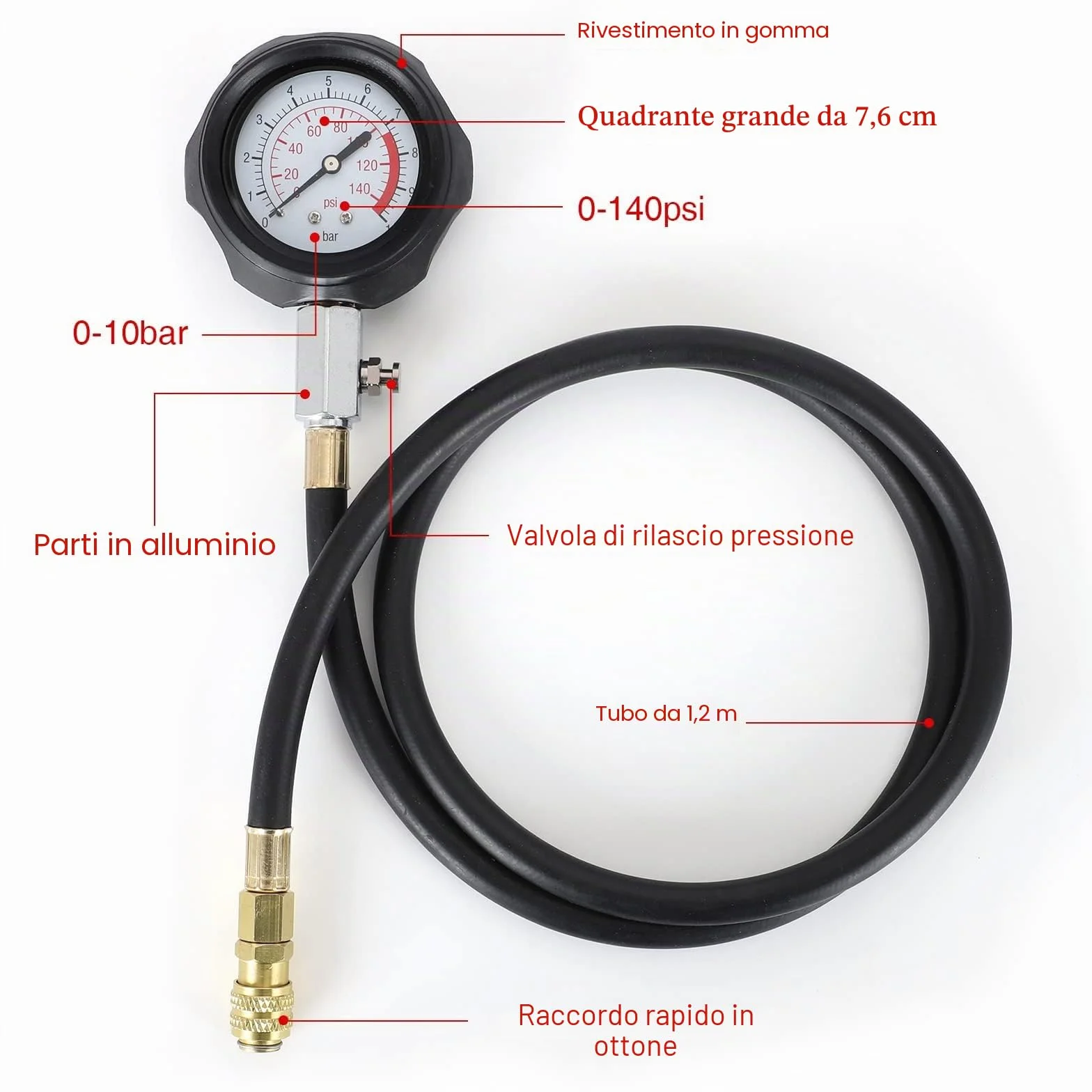 Kit di tester per la pressione dell'olio, set di strumenti per manometro, 0 - 140 PSI, sistema di carburante, sensore meccanico del motore del cilindro, test di compressione per auto, ATV
