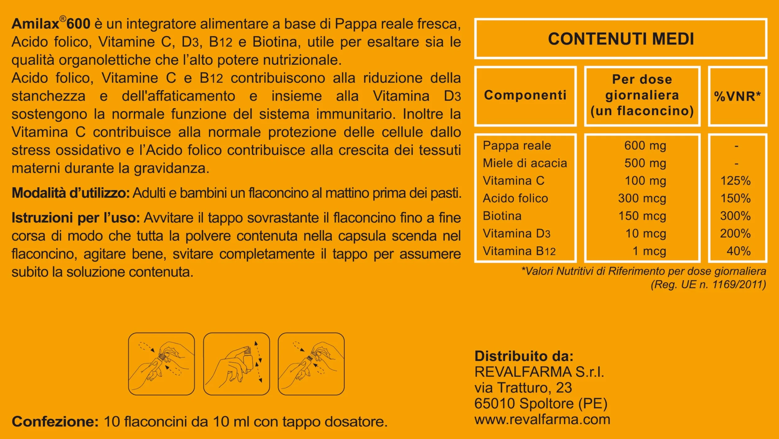 Amilax 600 Integratore Alimentare Pappa Reale Fresca Acido Folico Vitamina C D3 10 Flaconcini 10 ml
