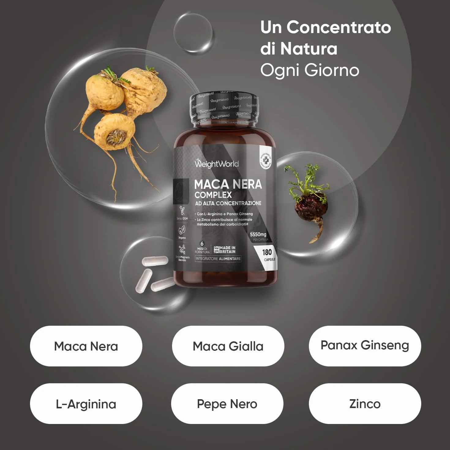 Maca Peruviana 180 Capsule Vegane Estratto 100:1 Maca Nera Complex L Arginina Zinco Citrato Panax Ginseng Pepe Nero
