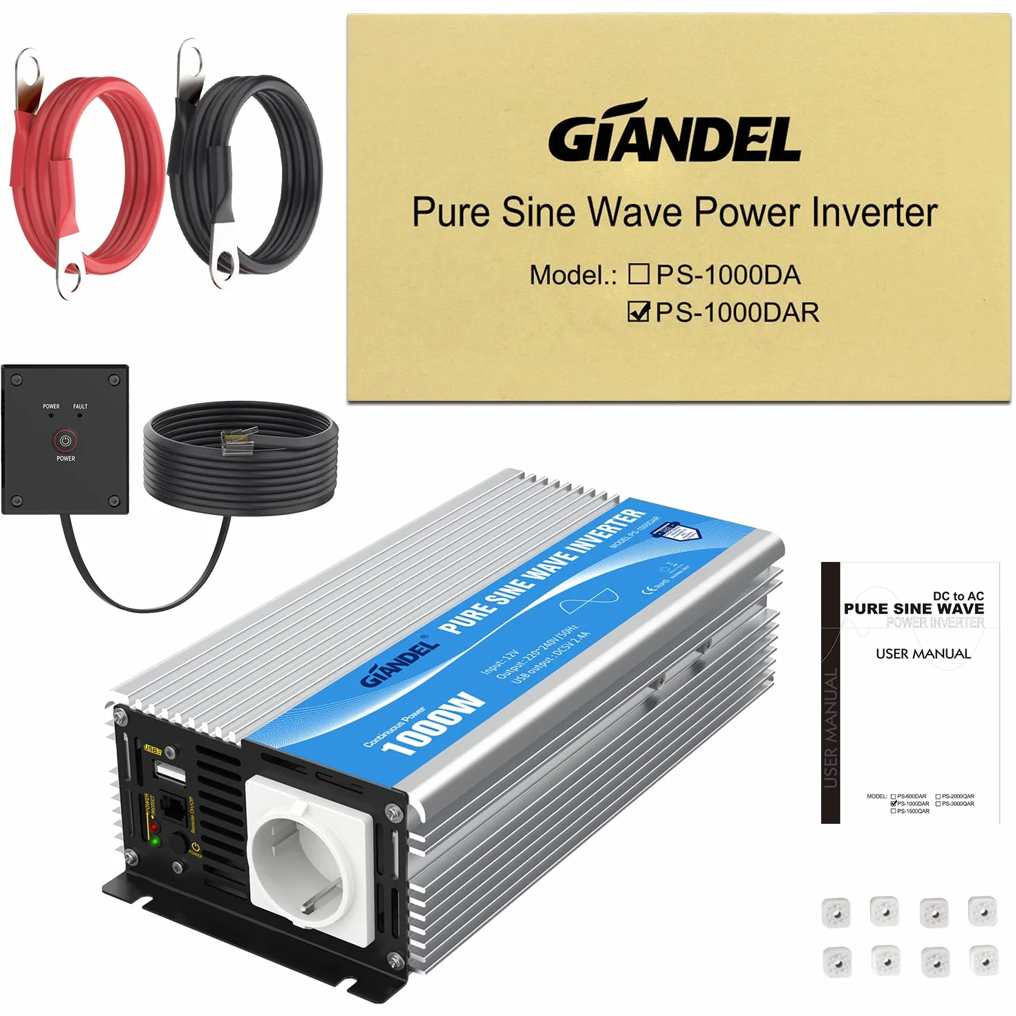 GIANDEL Inverter 12V a 230V Onda sinusoidale pura 1000W Convertitore di tensione con controllo remoto presa EU USB 2.4A